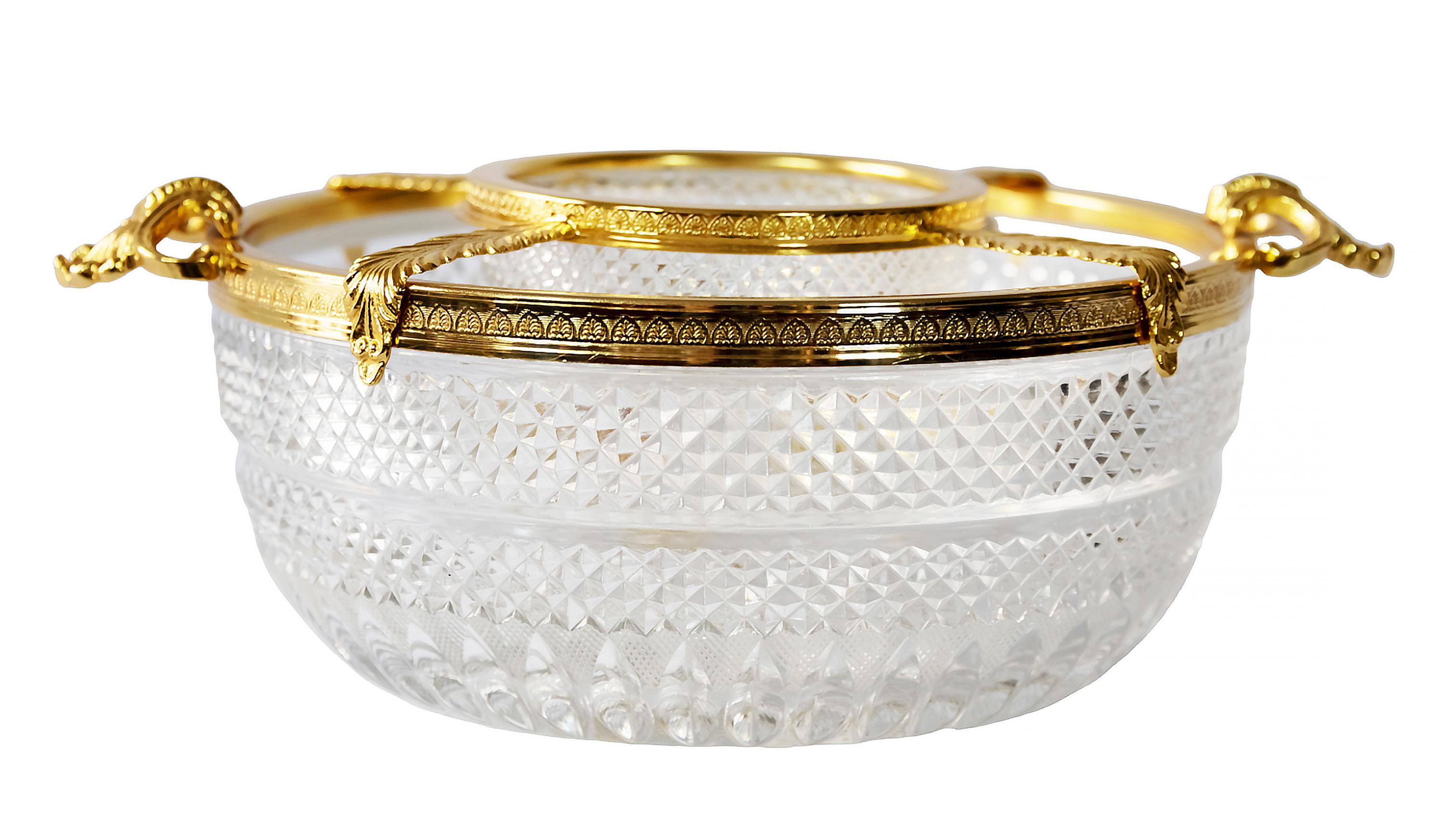 Mid-Century Modern Italian Cut Crystal Gilt Metal Caviar Serving Bowl Set