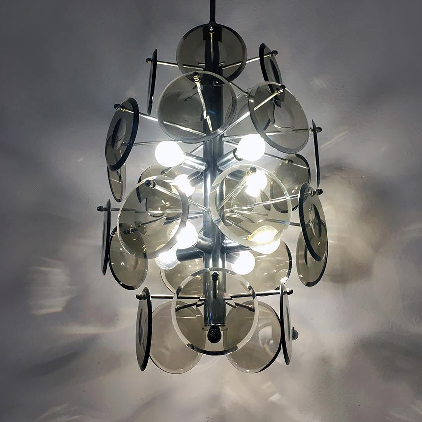 Italian Cut Fumé Crystal and Steel Ceiling Lamp, 1970s For Sale 7