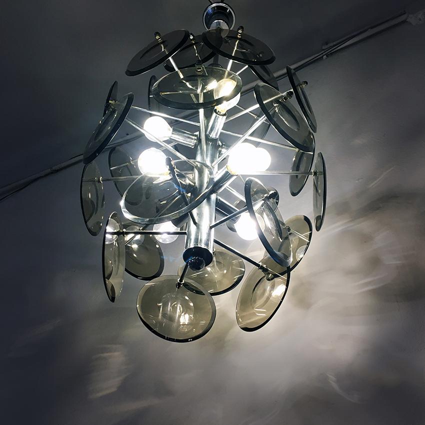 Post-Modern Italian Cut Fumé Crystal and Steel Ceiling Lamp, 1970s For Sale