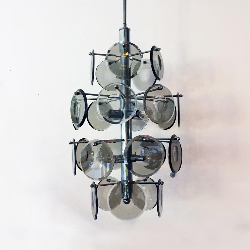 Italian Cut Fumé Crystal and Steel Ceiling Lamp, 1970s In Good Condition For Sale In MIlano, IT