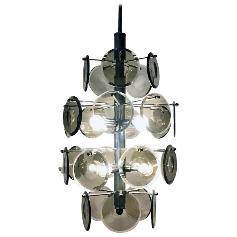 Italian Cut Fumé Crystal and Steel Ceiling Lamp, 1970s