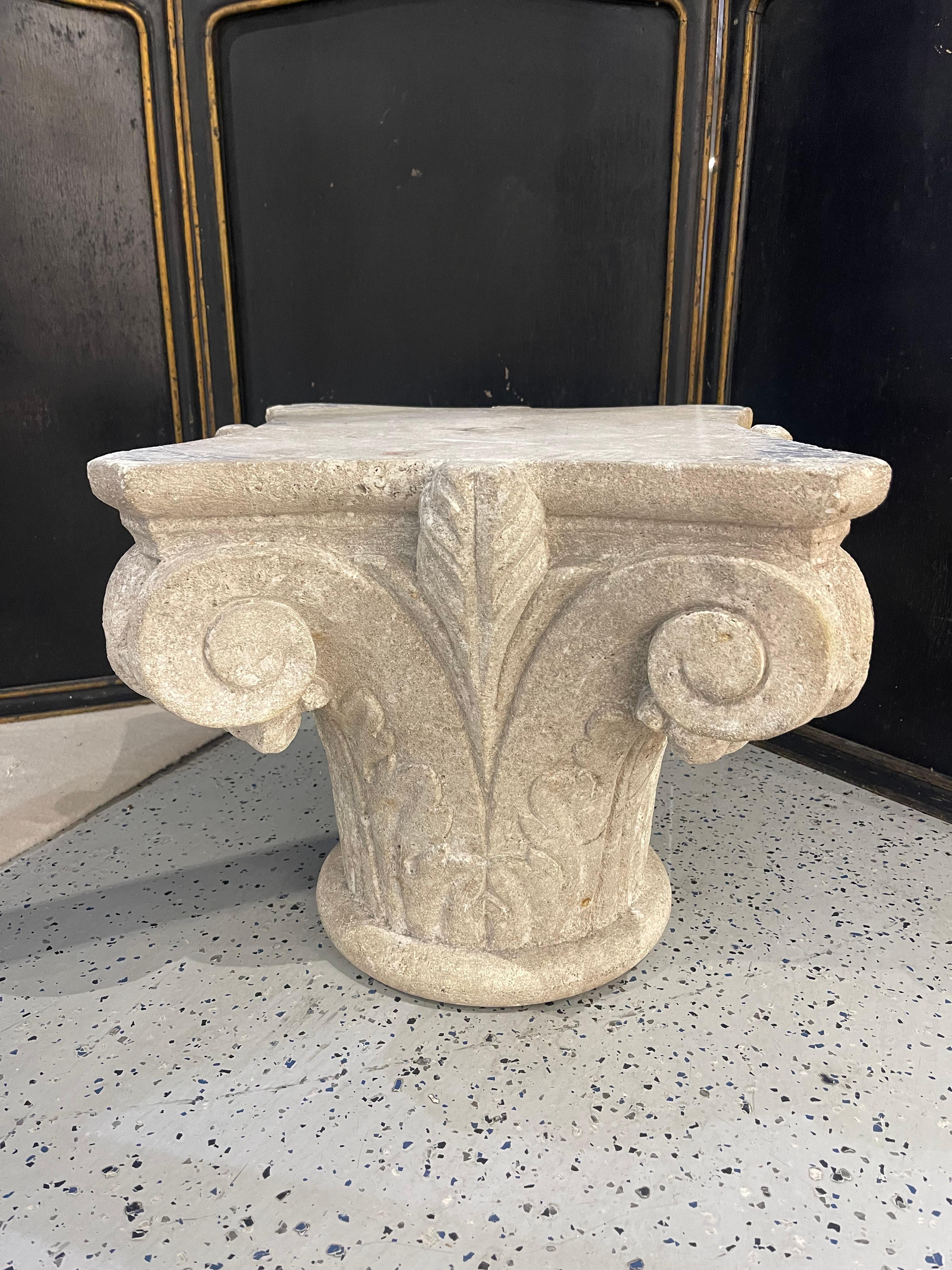 Description

Italian cut stone base 18th century.
This wide-footed white stone sculpture in the form of a Corinthian column The Corinthian frieze is distinguished from the Ionic only because it generally features a greater magnificence of