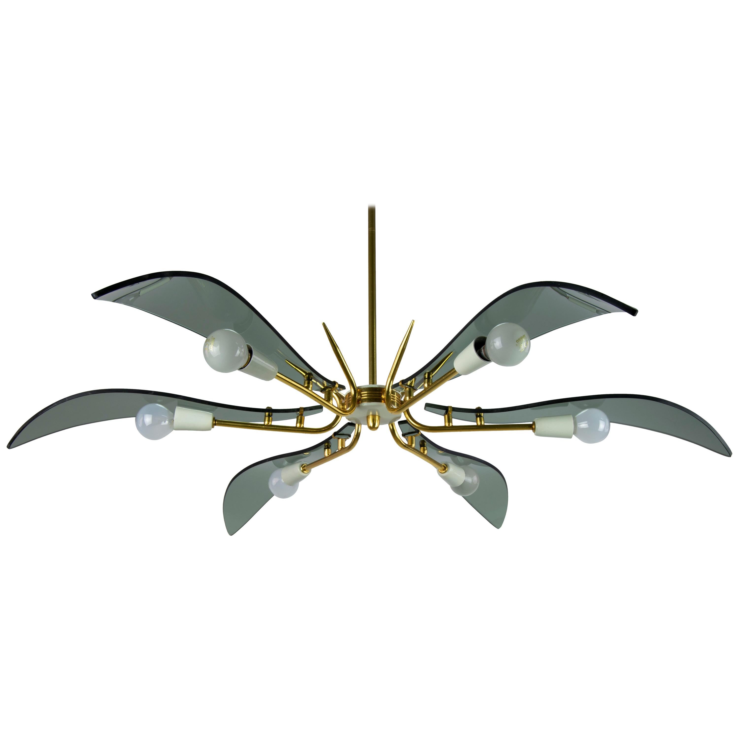 Italian Dahlia Chandelier Crystal Leaves and Golden Steel after Fontana Arte