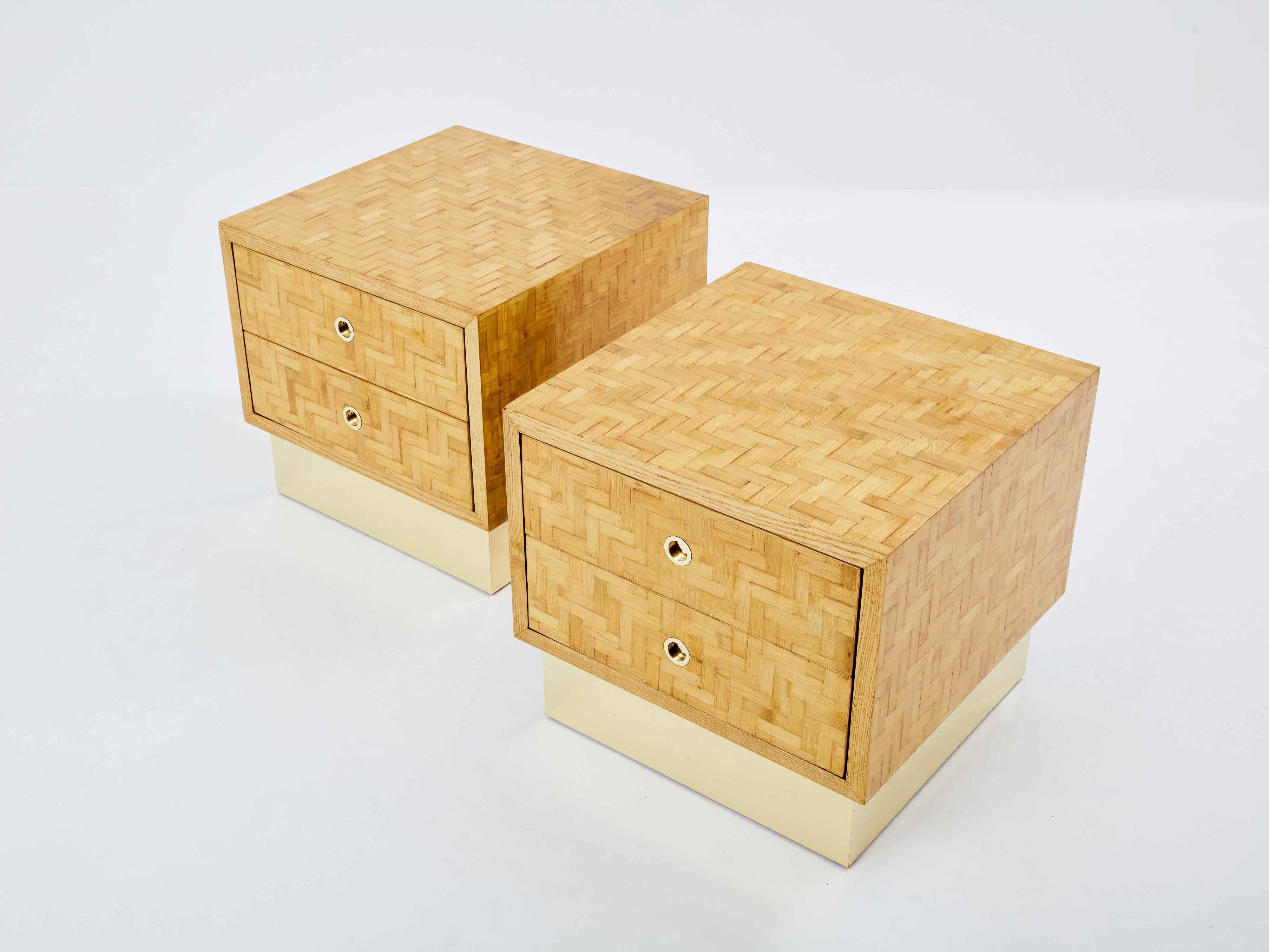 Mid-Century Modern Italian Dal Vera bamboo marquetry and brass bedside tables 1970s For Sale