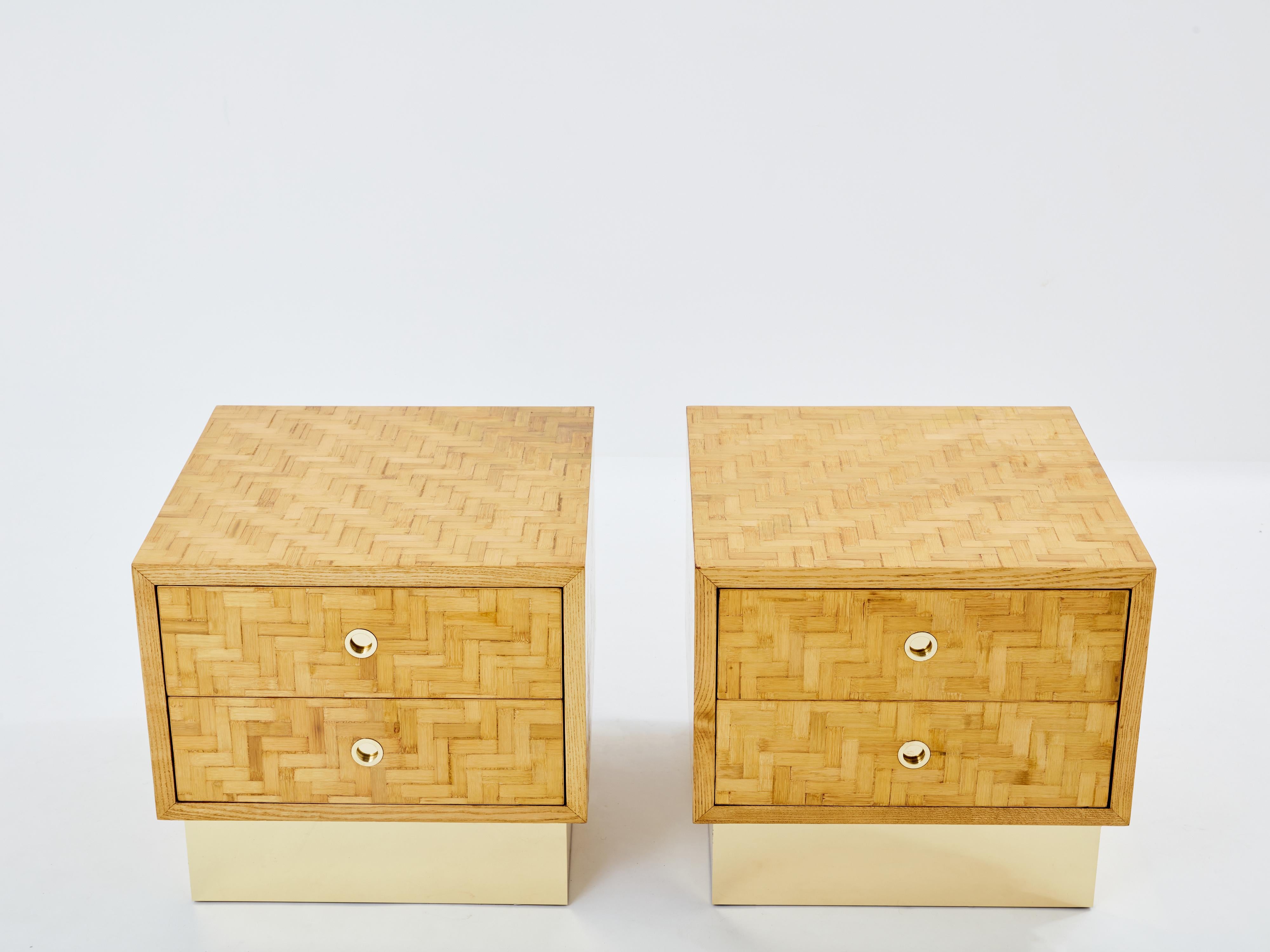 Italian Dal Vera bamboo marquetry and brass bedside tables 1970s In Good Condition For Sale In Paris, IDF