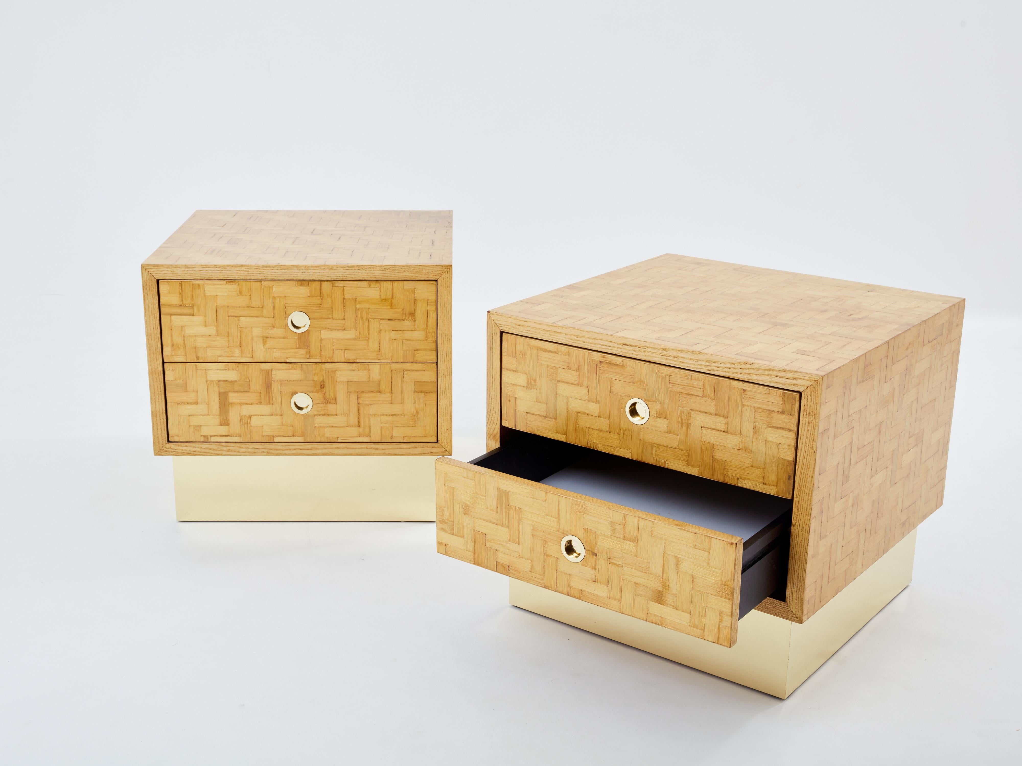 Late 20th Century Italian Dal Vera bamboo marquetry and brass bedside tables 1970s For Sale