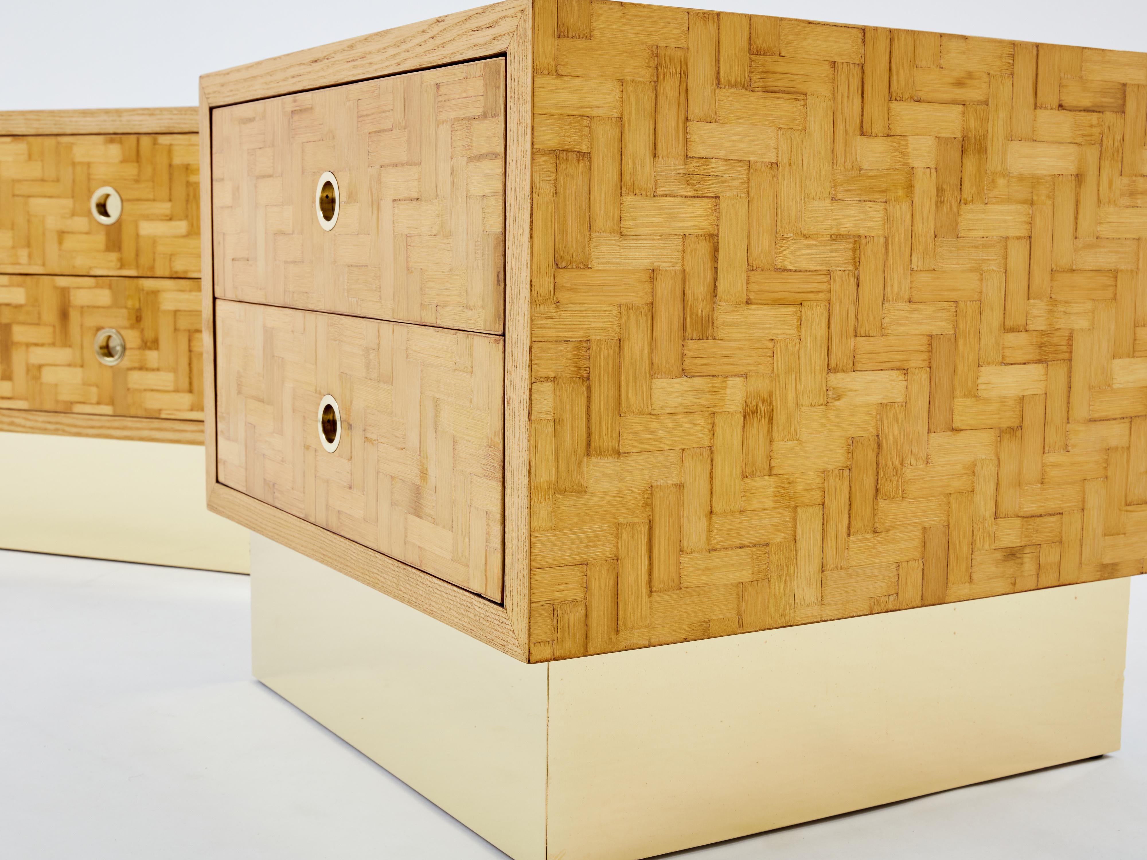 Italian Dal Vera bamboo marquetry and brass bedside tables 1970s 1
