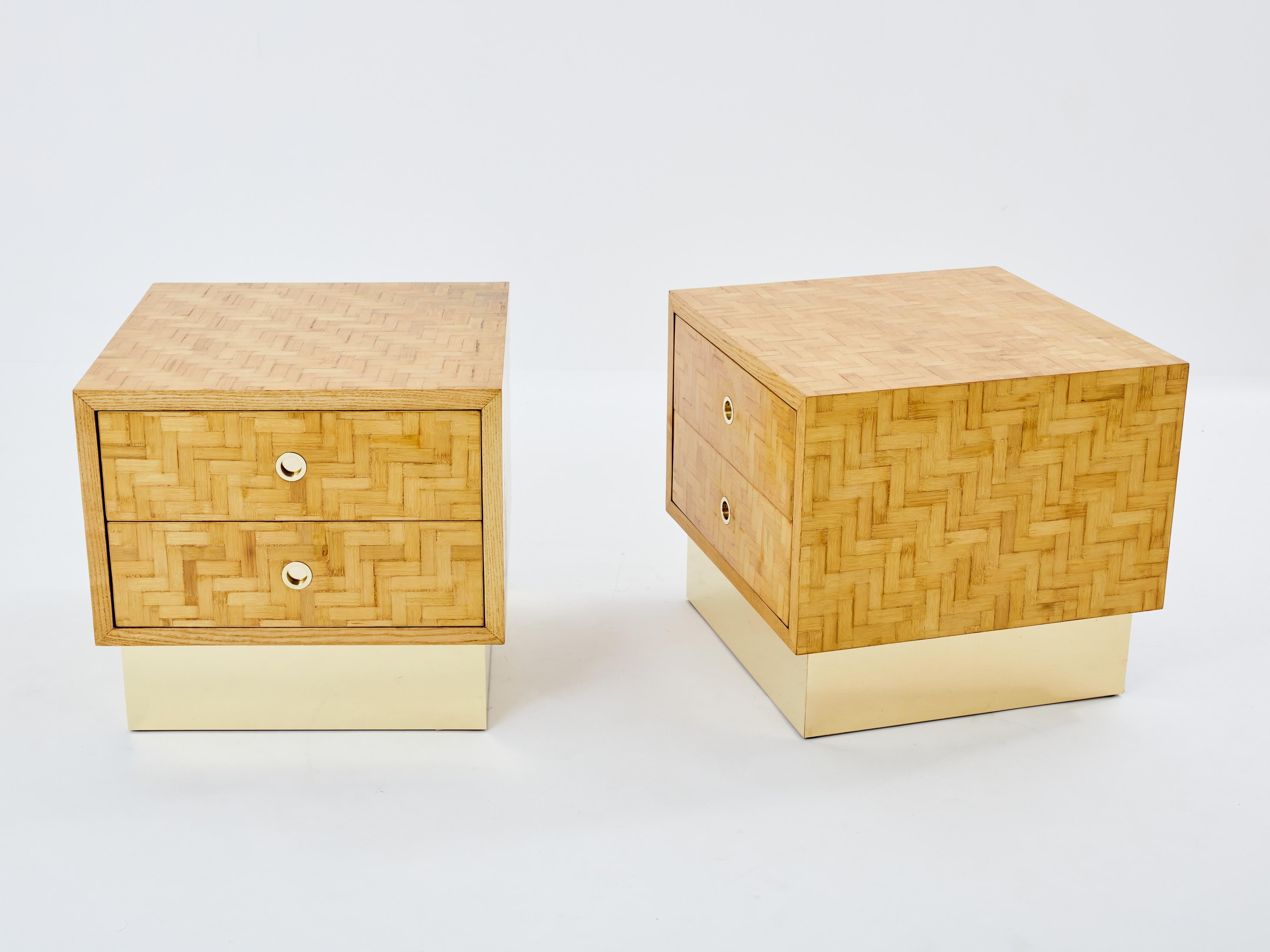 Italian Dal Vera bamboo marquetry and brass bedside tables 1970s For Sale 3