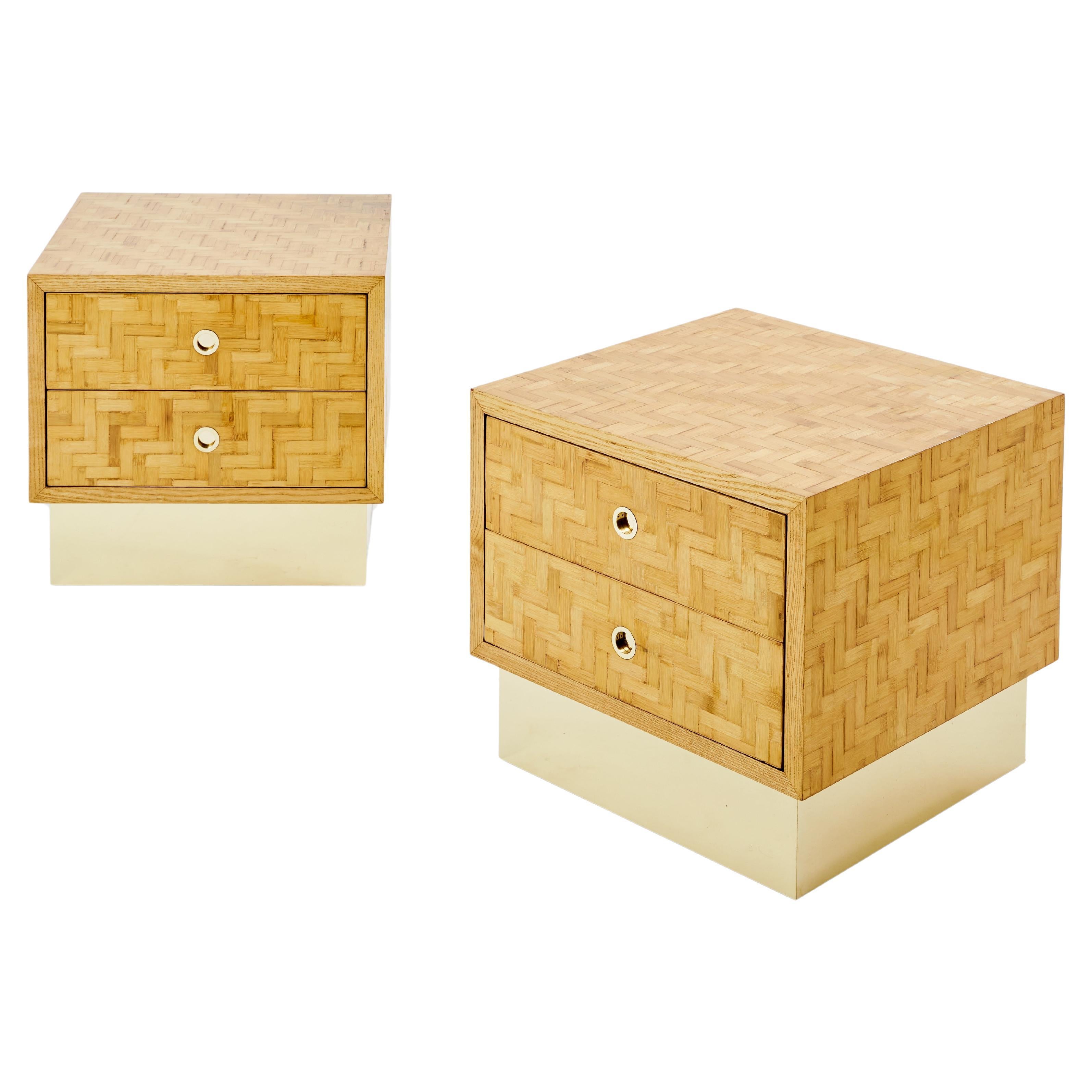 Italian Dal Vera bamboo marquetry and brass bedside tables 1970s For Sale