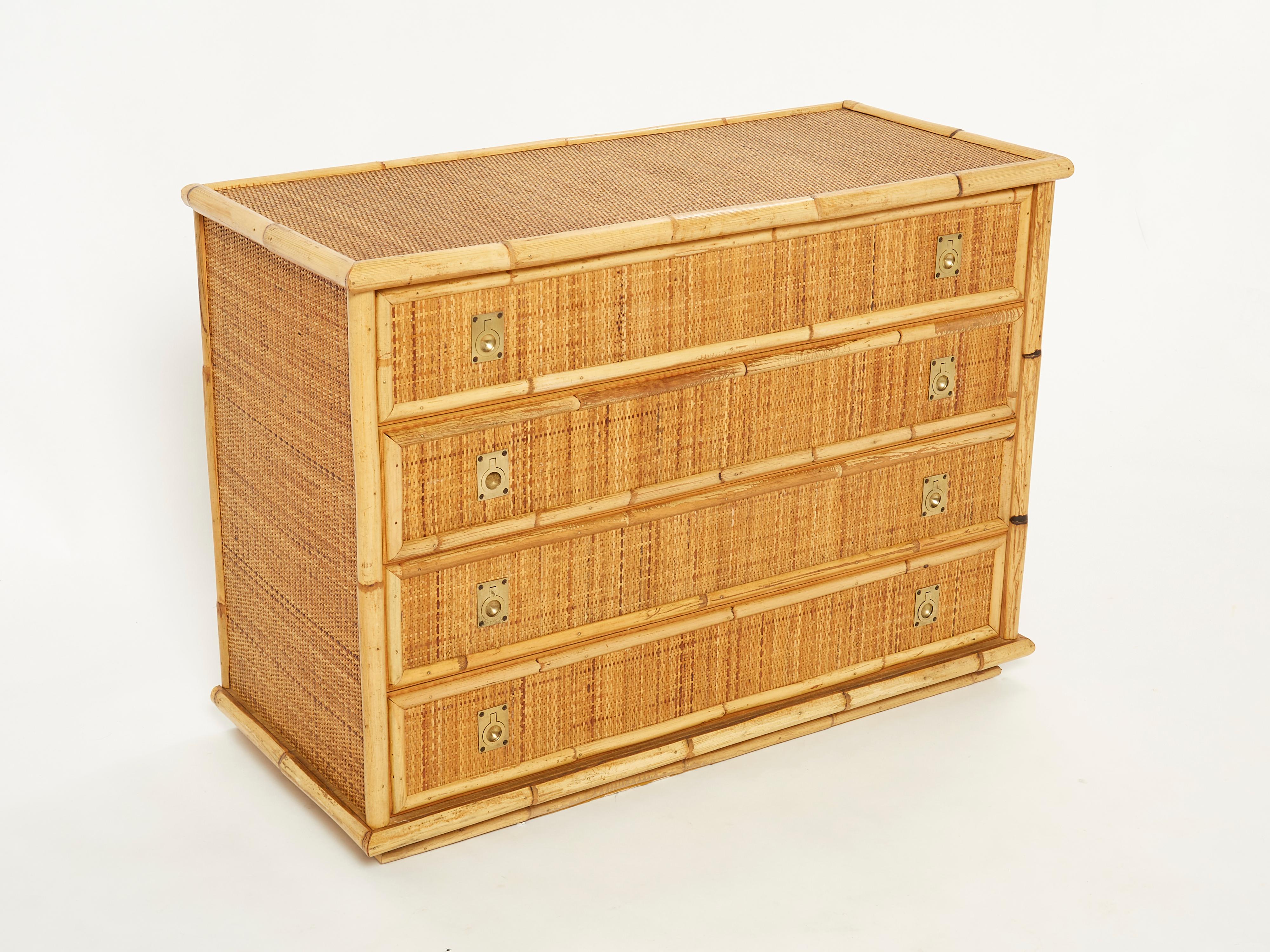 Mid-Century Modern Italian Dal Vera Bamboo Rattan and Brass Chest of Drawers, 1970s
