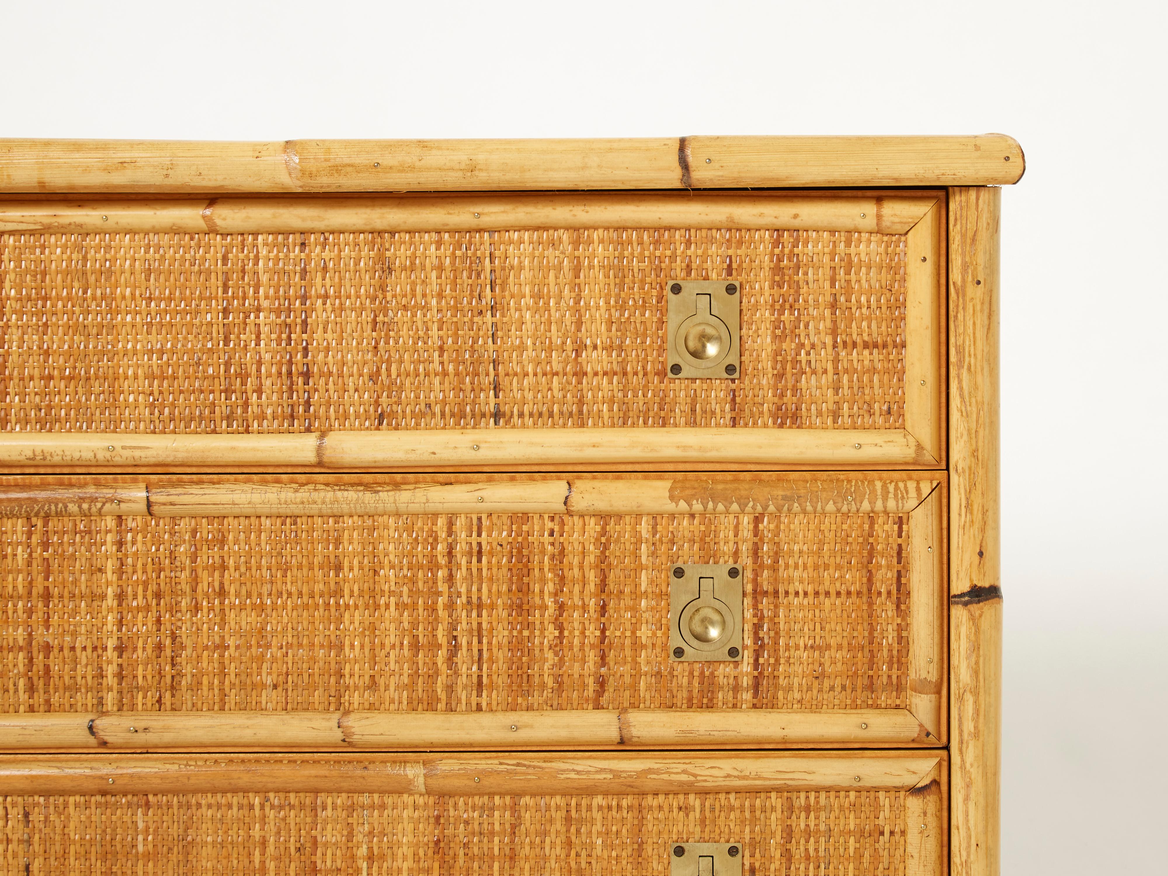 Italian Dal Vera Bamboo Rattan and Brass Chest of Drawers, 1970s In Good Condition In Paris, IDF