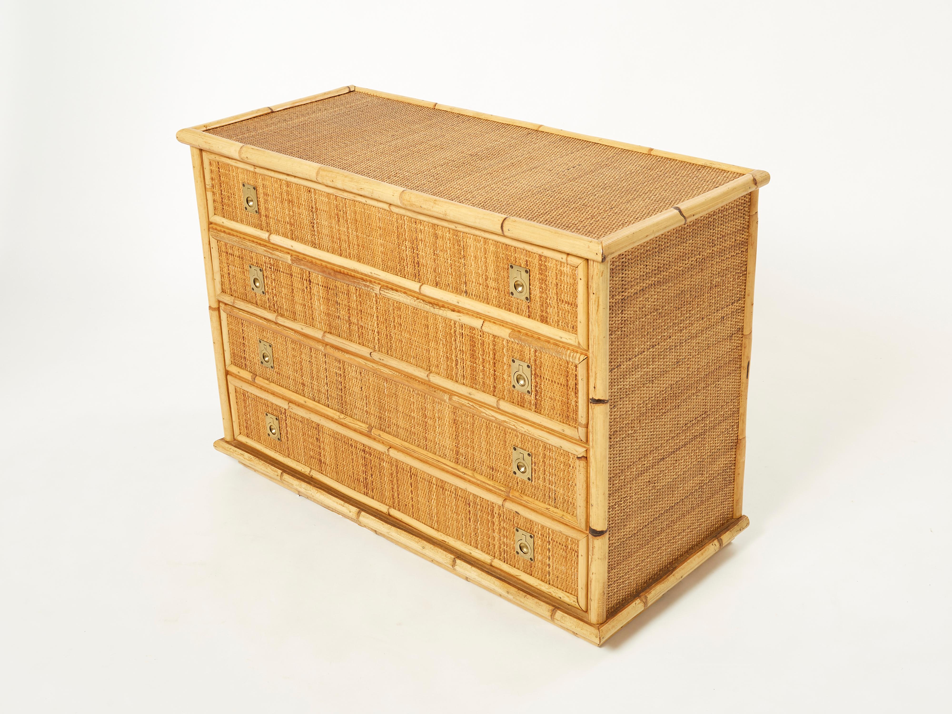 Late 20th Century Italian Dal Vera Bamboo Rattan and Brass Chest of Drawers, 1970s