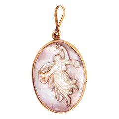 Vintage Italian Dancing Lady Cameo & Mother of Pearl Pendant/Charm, 14k Gold, circa 1950