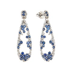 Italian Dangle Blue Sapphire Diamond Cocktail White 18k Gold Earrings for Her