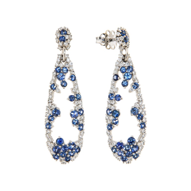 Italian Dangle Blue Sapphire Diamond Cocktail White 18k Gold Earrings ...