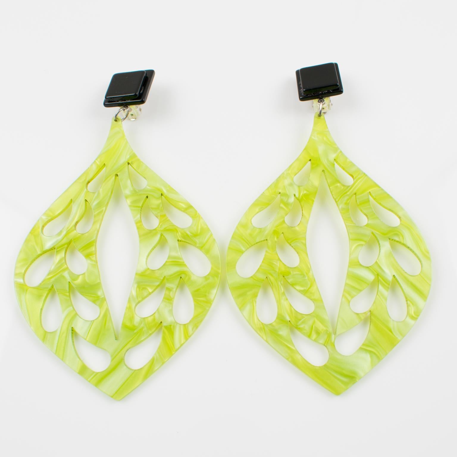 Modern Italian Dangle Chandelier Green Lucite Carved Clip Earrings