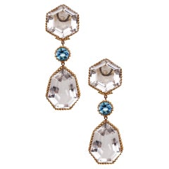 Italian Dangle Drop Earrings in 18Kt Gold with 44.5 Cts in Rock Quartz and Topaz