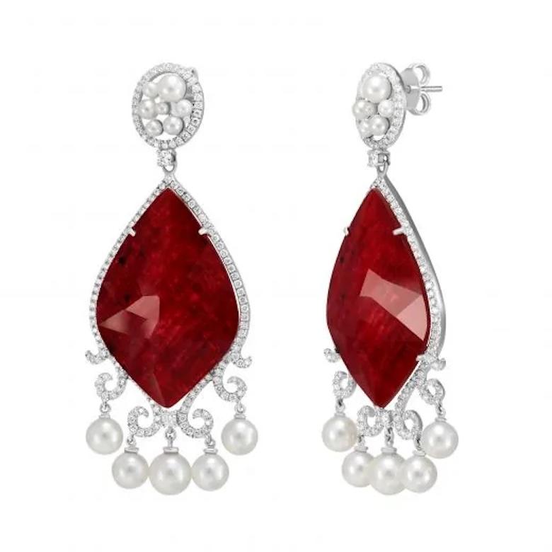 Modern Italian Dangle Mother of Pearls Ruby Diamond Cocktail Gold Earrings for Her For Sale
