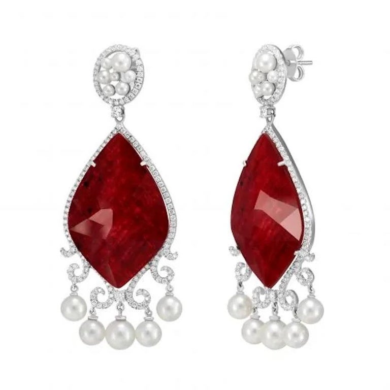 Round Cut Italian Dangle Mother of Pearls Ruby Diamond Cocktail Gold Earrings for Her For Sale