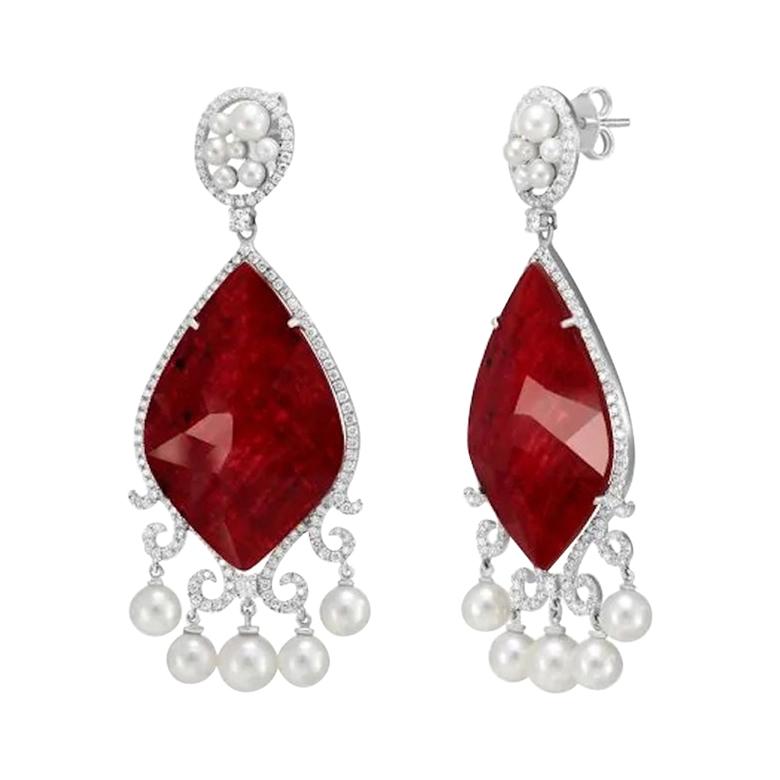 Italian Dangle Mother of Pearls Ruby Diamond Cocktail Gold Earrings for Her