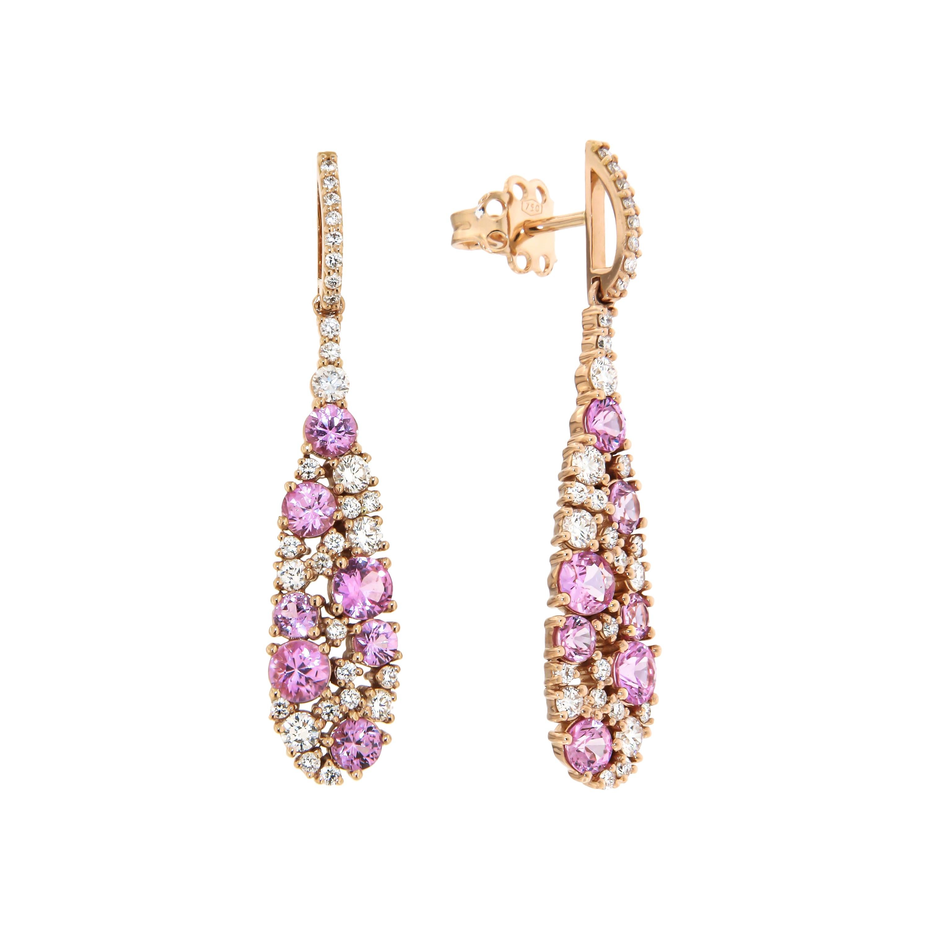 Italian Dangle Pink Sapphire Diamond Cocktail Rose 18K Gold Earrings for Her For Sale