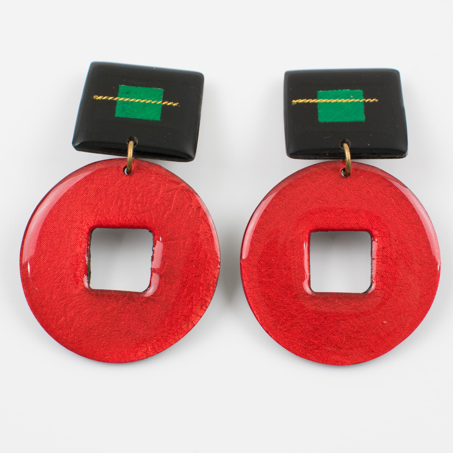 Modern Italian Dangling Lucite Clip on Earrings Red and Black Glitter Pattern