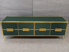 Italian Dark Green Sideboard with "Grisinato" Murano Glass and Brass