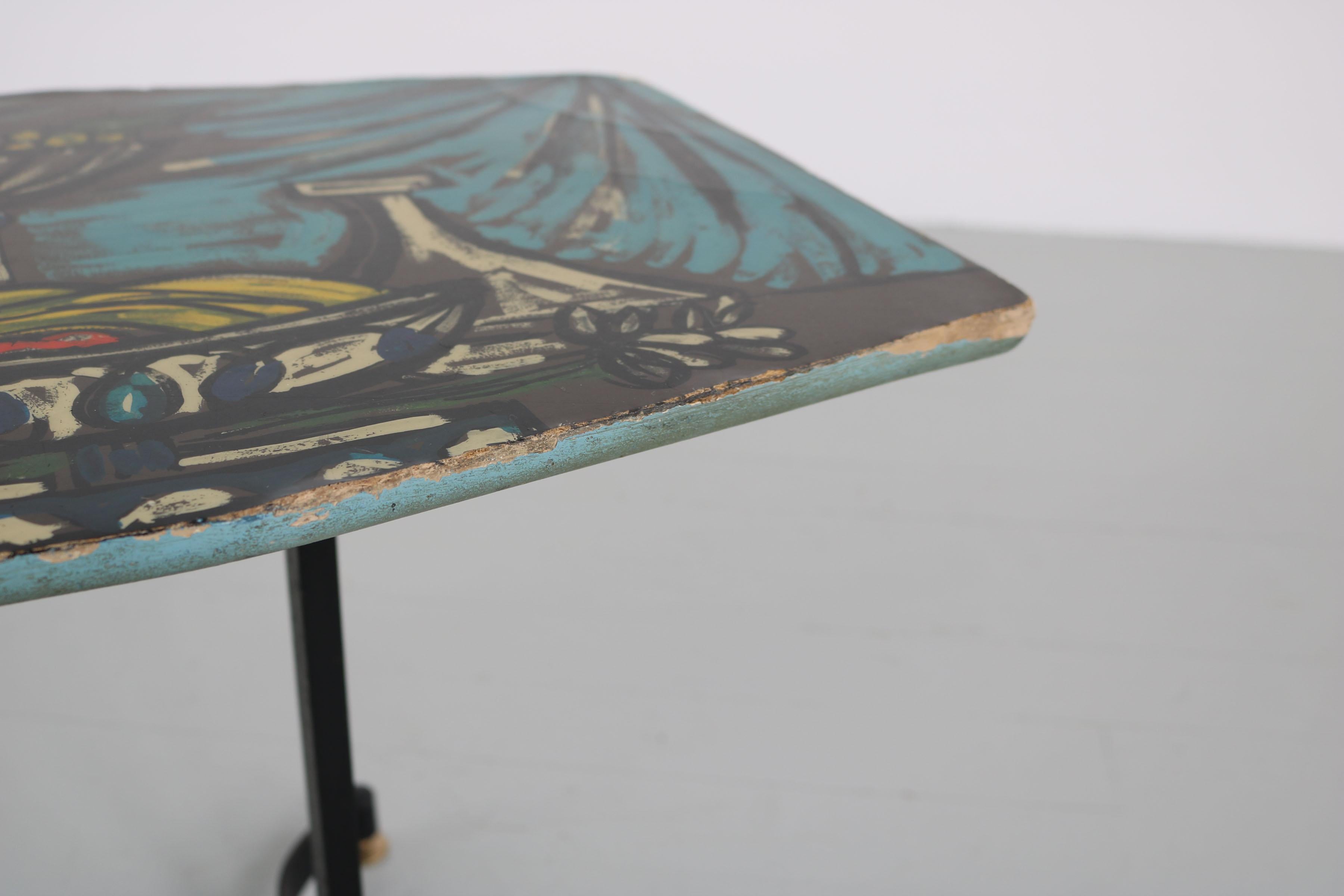 Italian Dark Sofa Table with Colorful Hand-Painted Motives on Table Top, 1950s For Sale 2