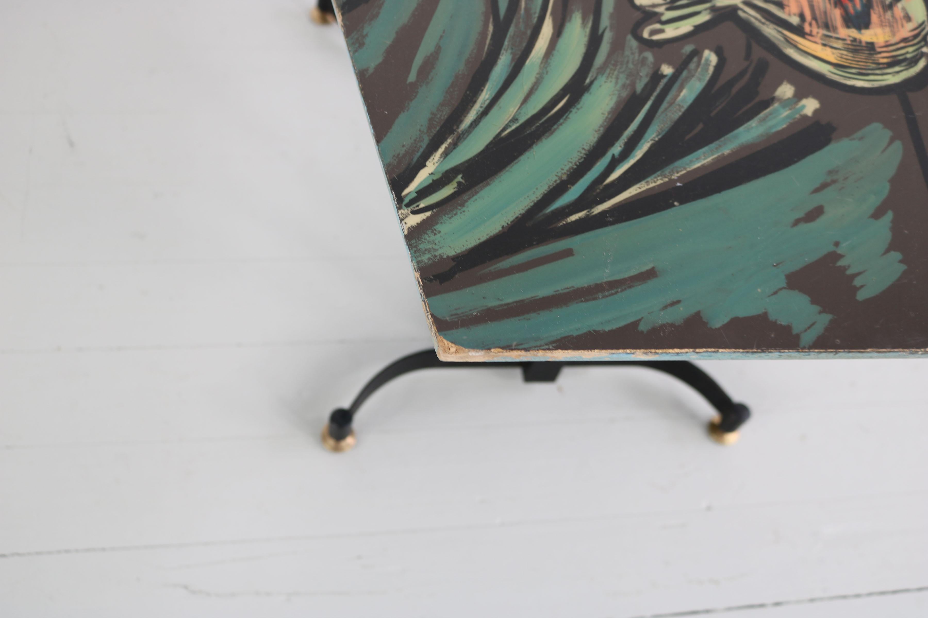 Italian Dark Sofa Table with Colorful Hand-Painted Motives on Table Top, 1950s For Sale 6