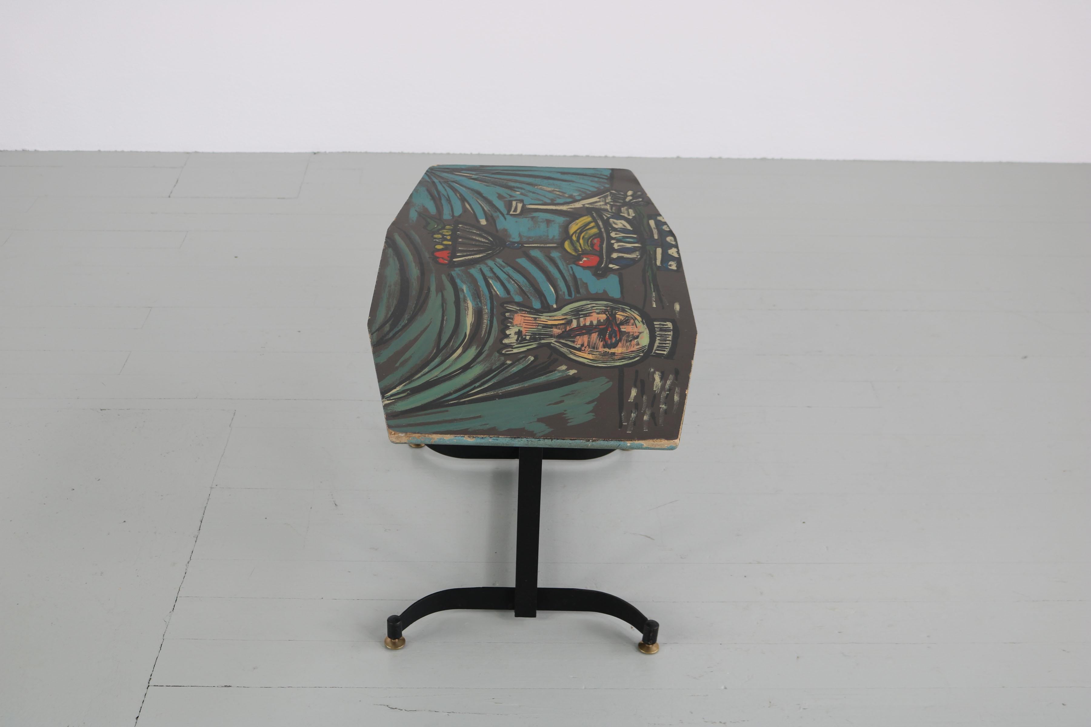 Italian Dark Sofa Table with Colorful Hand-Painted Motives on Table Top, 1950s For Sale 8
