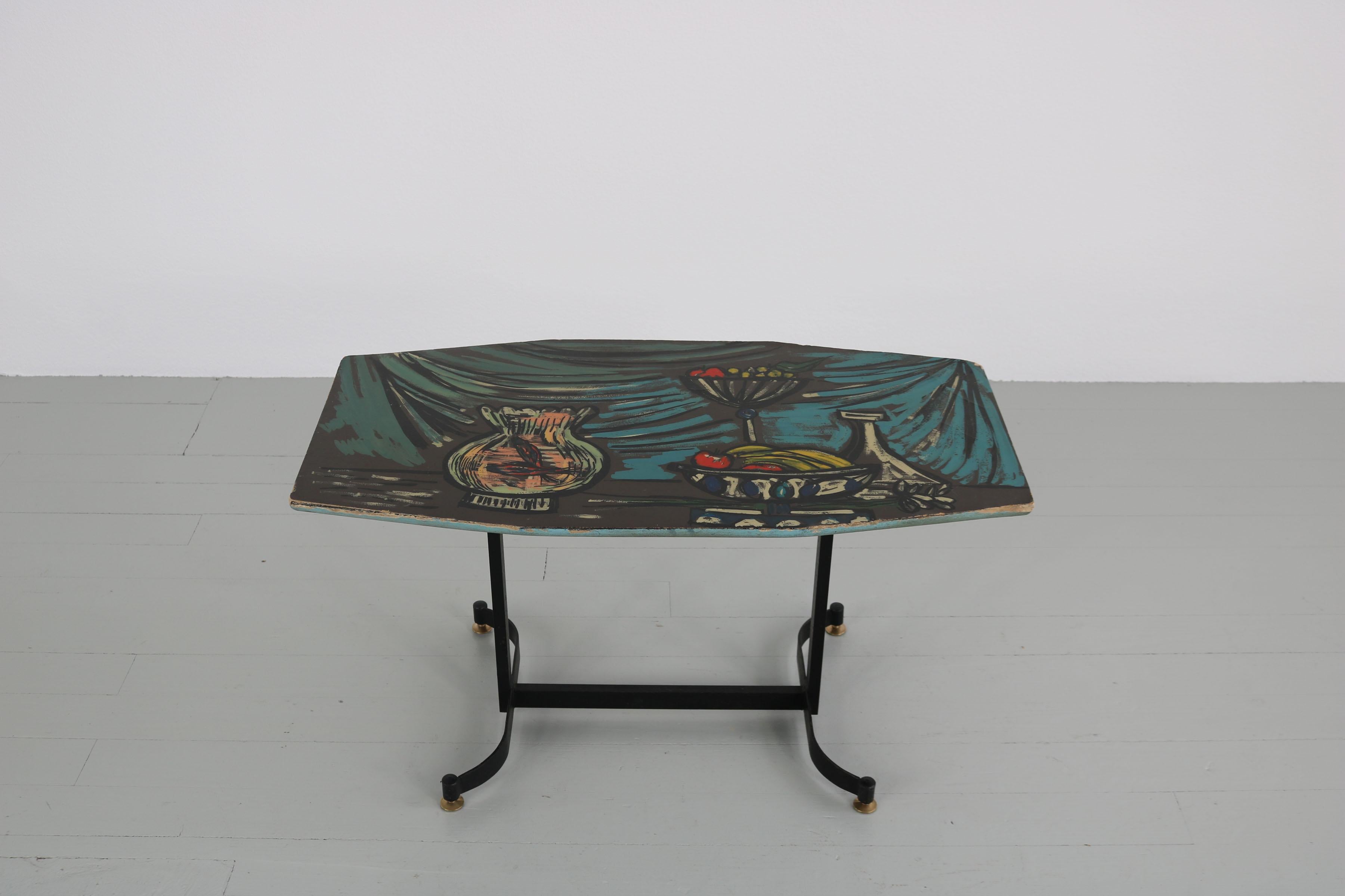 Italian Dark Sofa Table with Colorful Hand Painted Motives on Table Top, 1950s For Sale 10