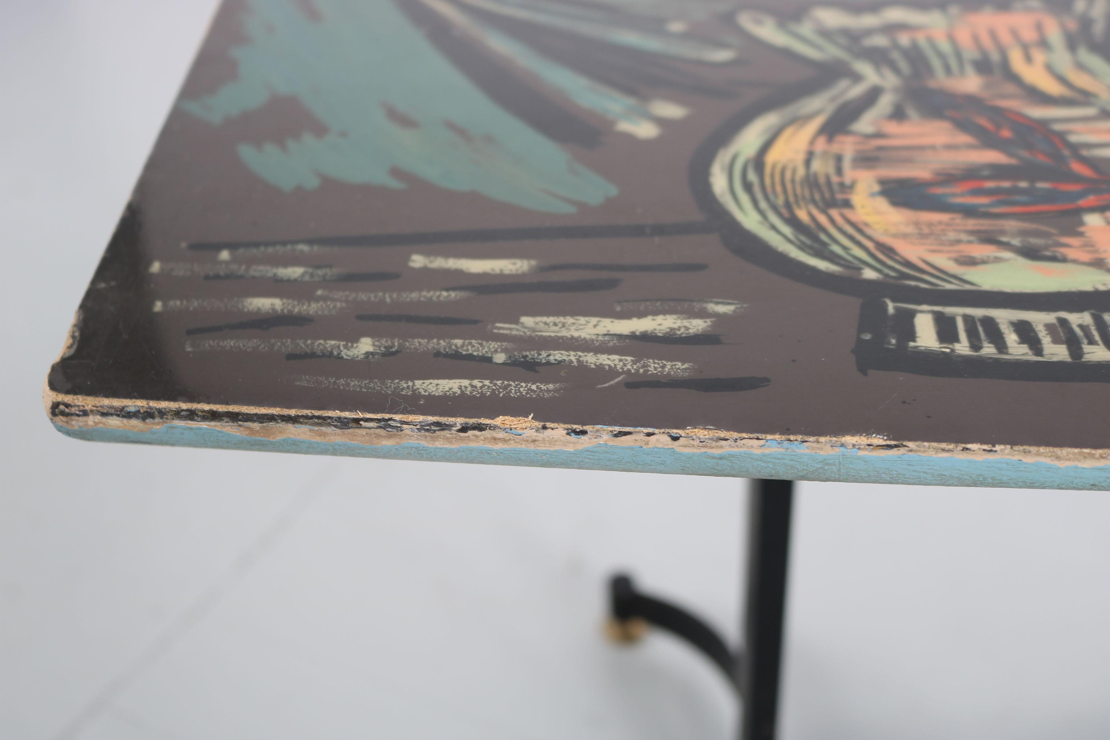 Italian Dark Sofa Table with Colorful Hand-Painted Motives on Table Top, 1950s For Sale 1