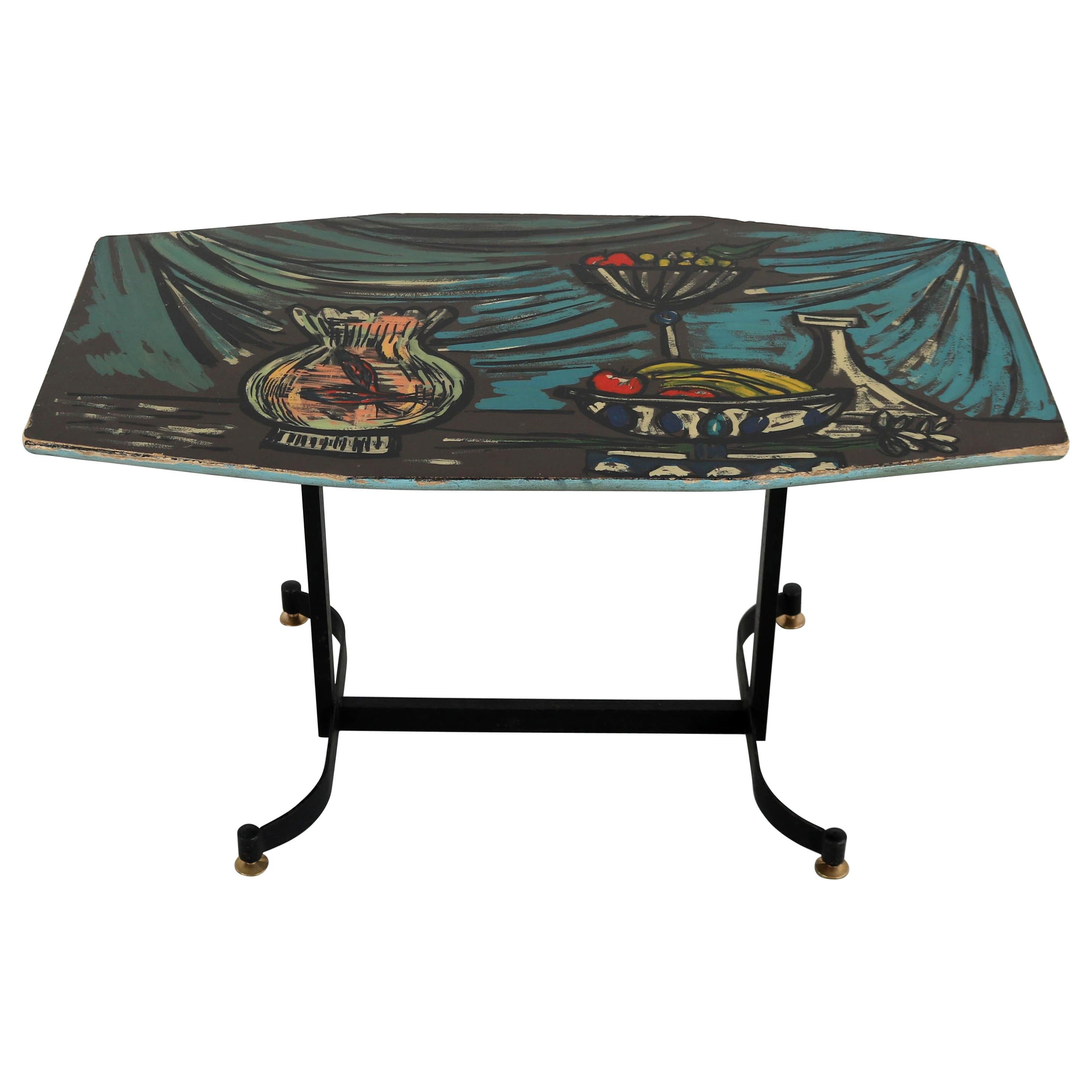Italian Dark Sofa Table with Colorful Hand Painted Motives on Table Top, 1950s For Sale