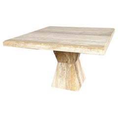Italian Dark Travertine State Top Dining Table With Sculpted Pedestal Base