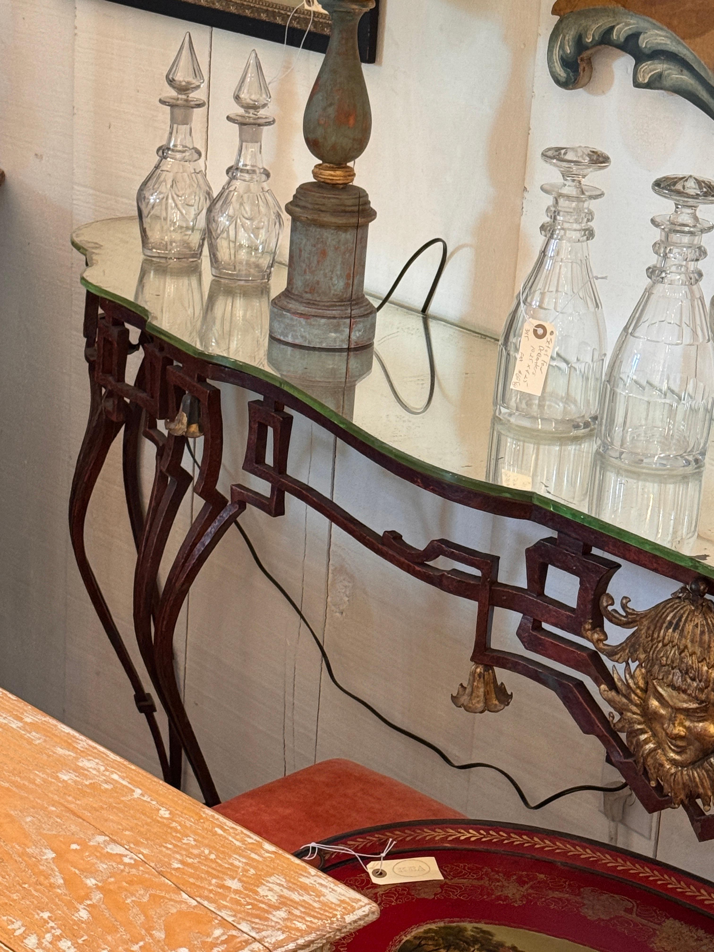 Italian Deco Console Table With Iron Base and Mirrored Top For Sale 3
