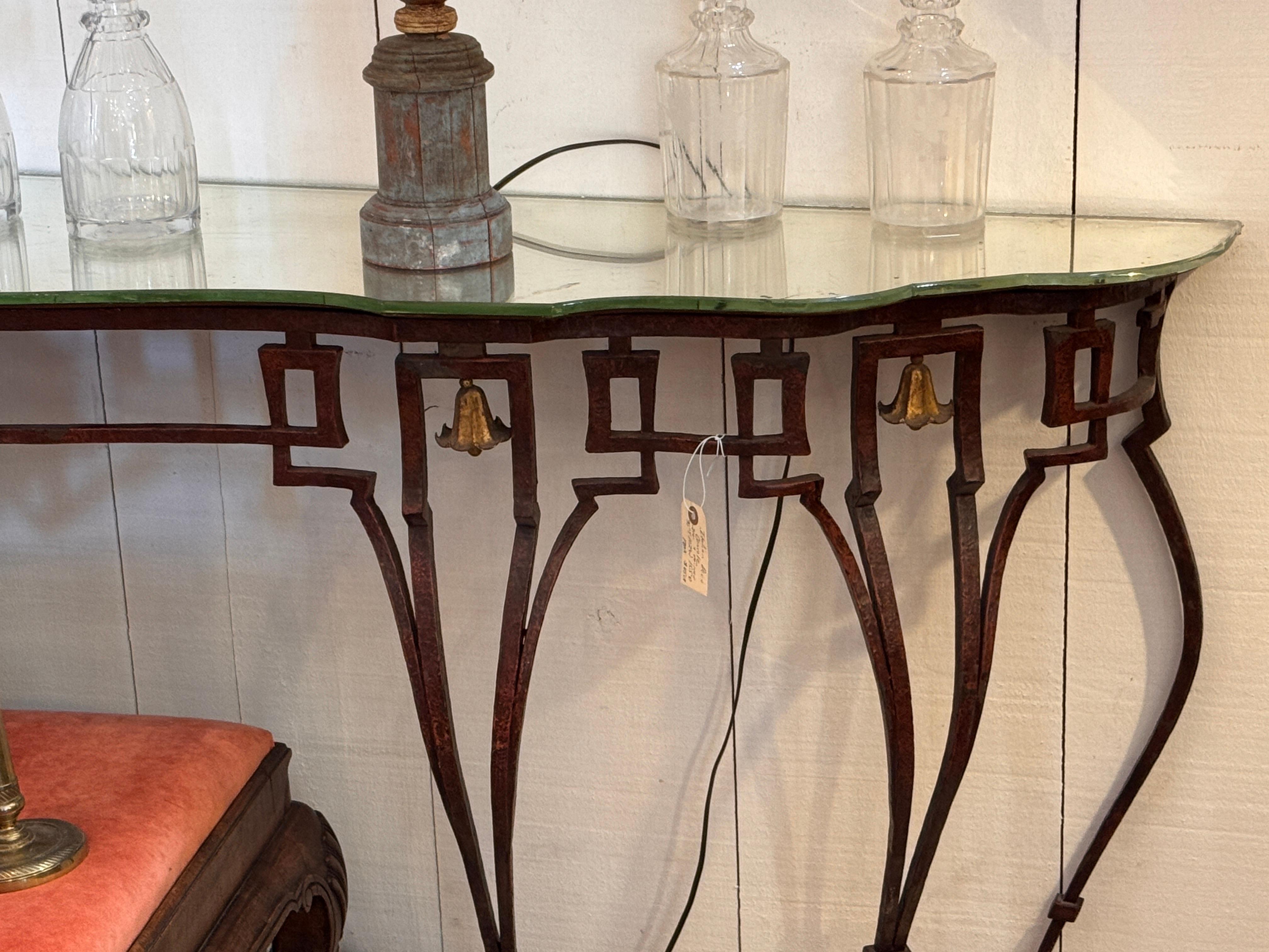 Italian Deco Console Table With Iron Base and Mirrored Top For Sale 4