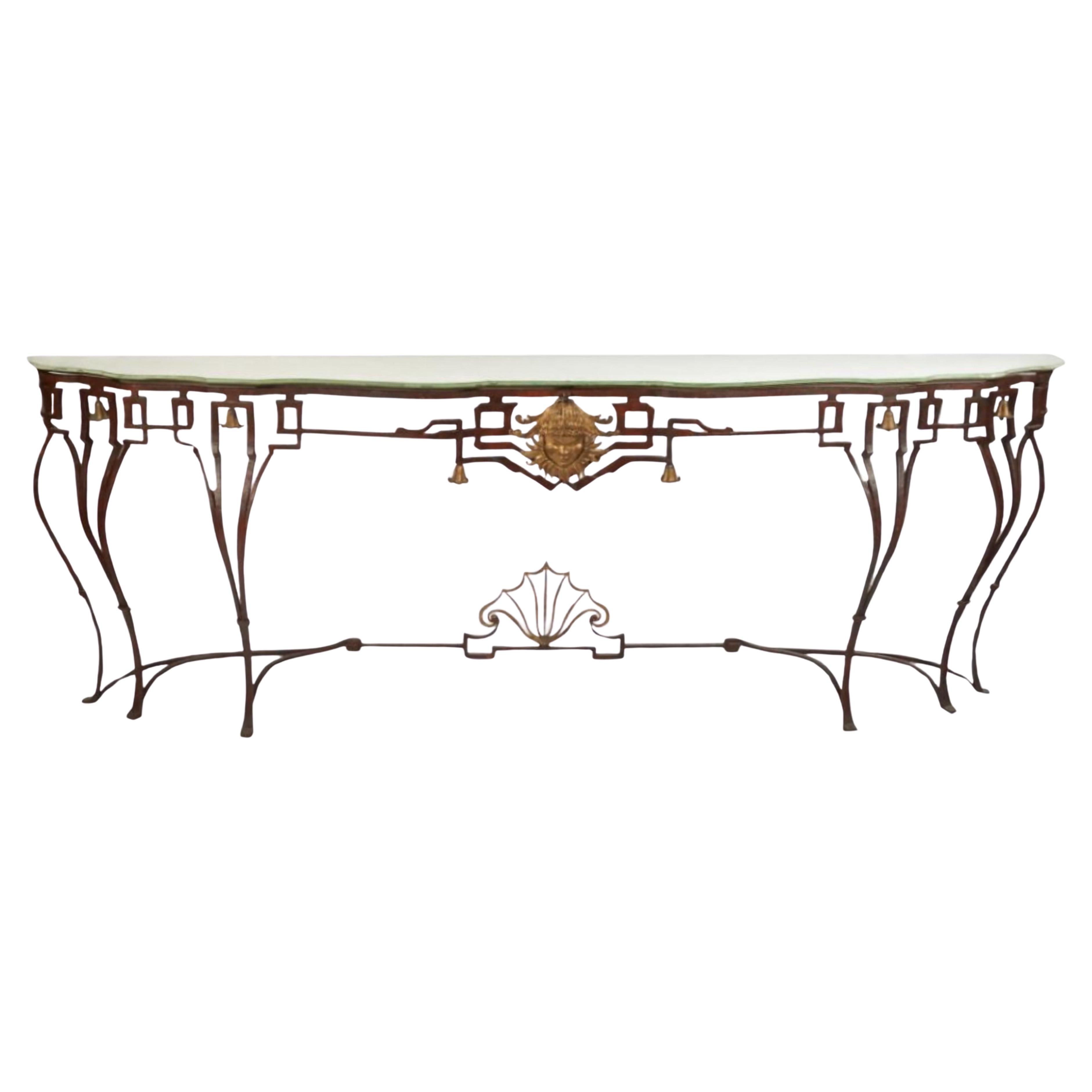 Italian Deco Console Table With Iron Base and Mirrored Top For Sale
