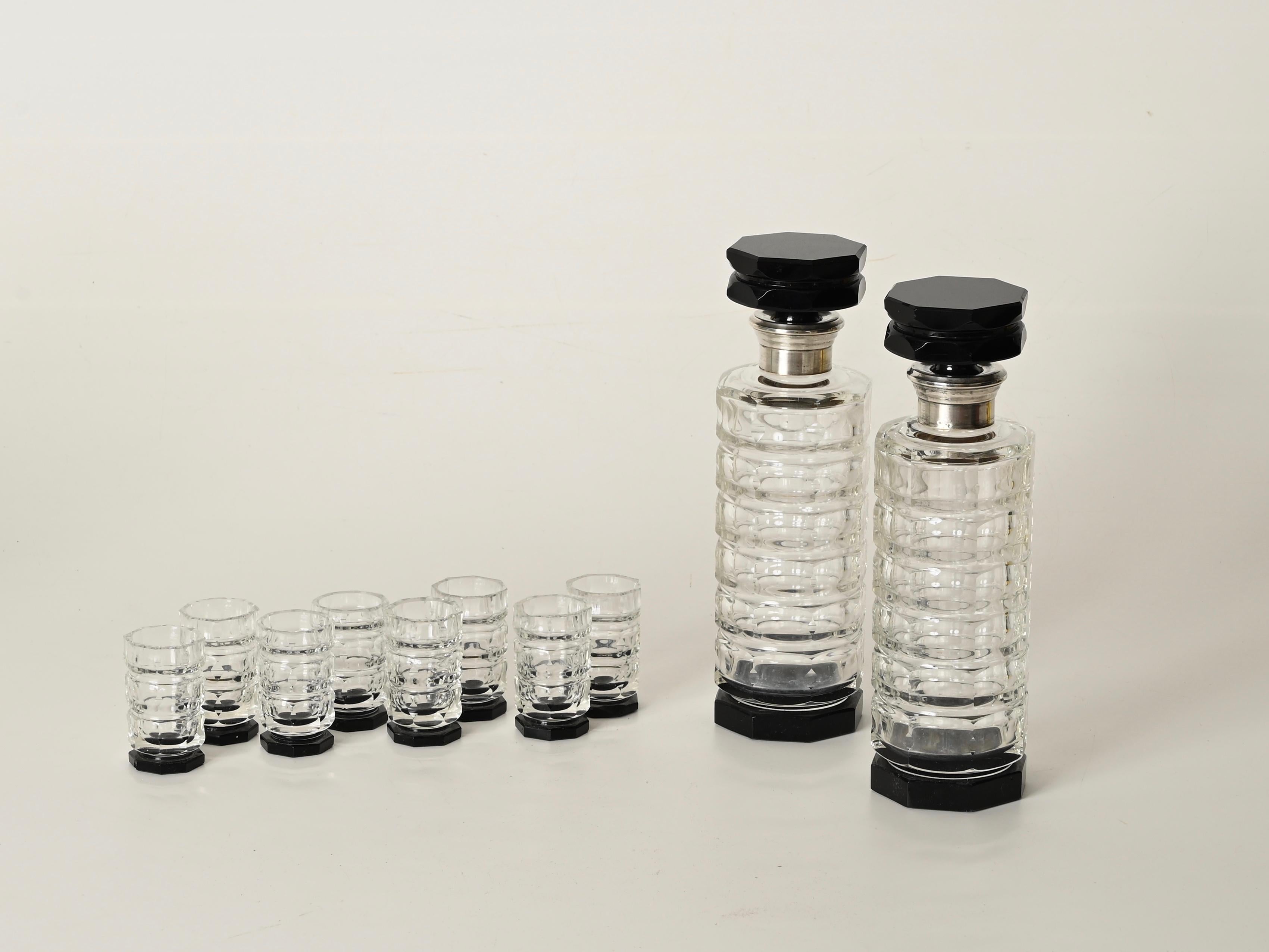 Italienisches Deko-Kristallkaraffen- und Glasset mit Silberdetails, Italien, 1930er Jahre im Angebot 1