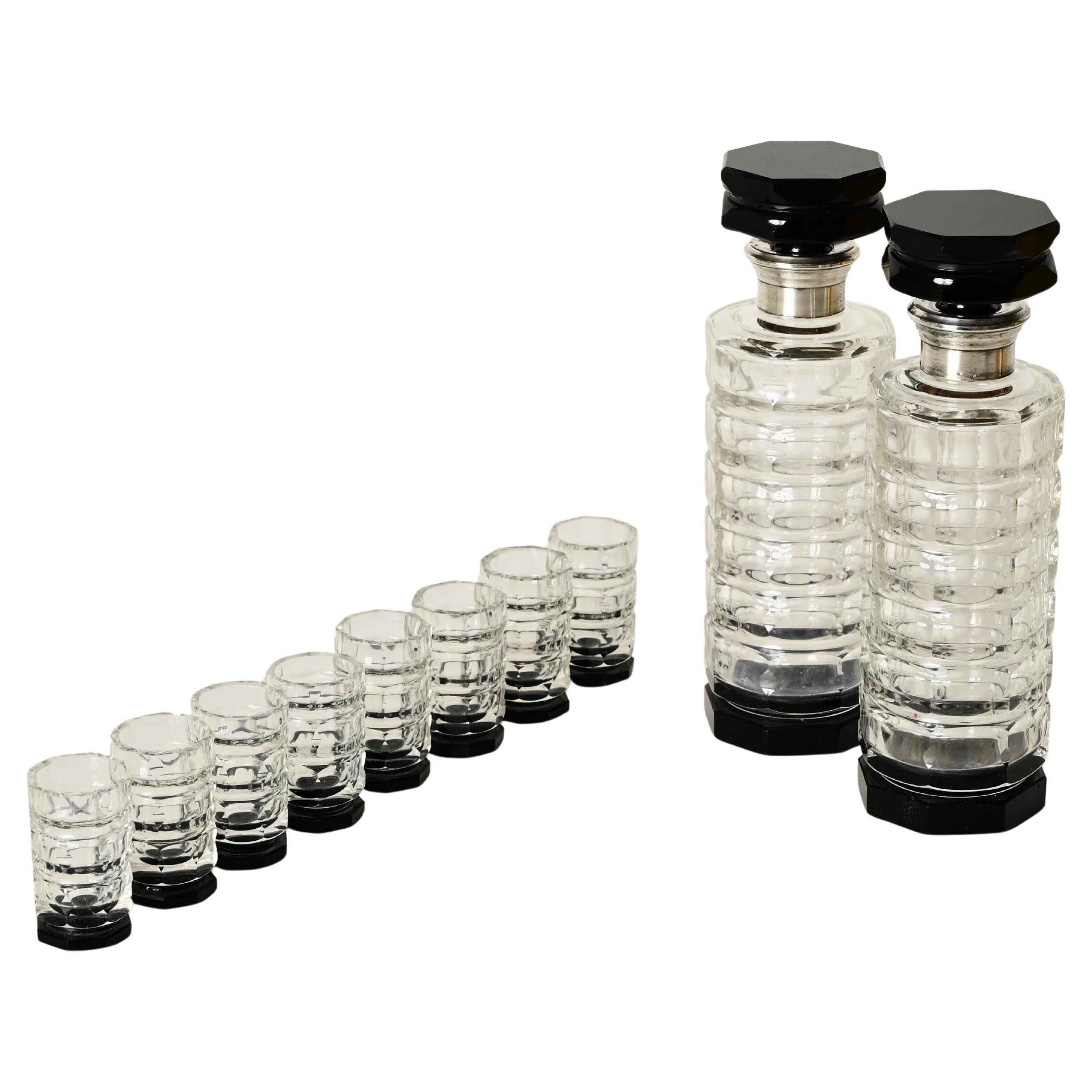 Italienisches Deko-Kristallkaraffen- und Glasset mit Silberdetails, Italien, 1930er Jahre im Angebot