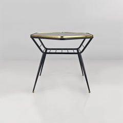 Italian deco metal and decorate glass coffee table with magazine rack, 1950s