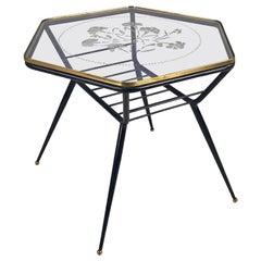 Italian deco metal and decorate glass coffee table with magazine rack, 1950s
