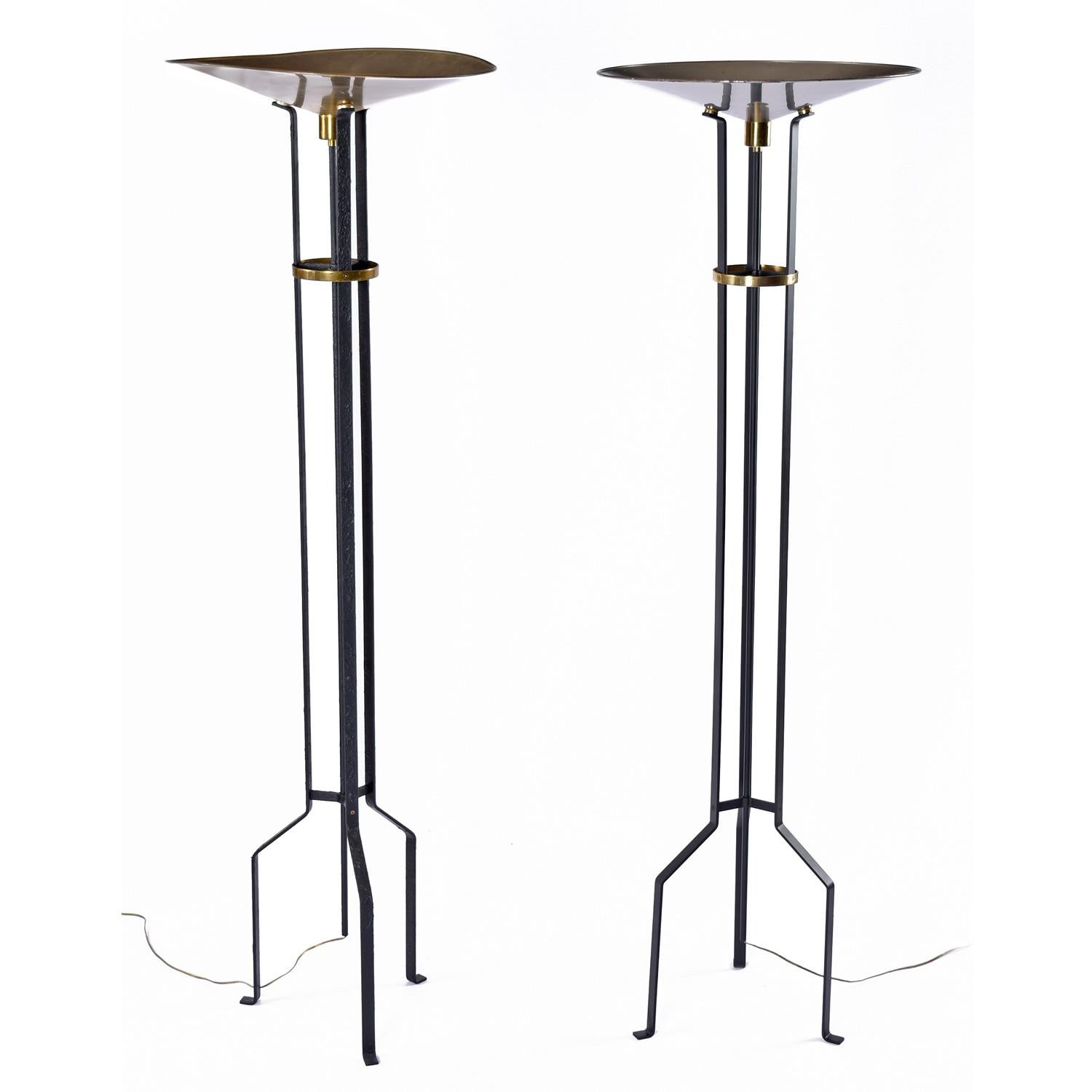 PAIR of vintage 1960's neo-deco metal / iron torchiere floor lamps.  Look close and you'll see that they're not exactly matching.  Lamp 