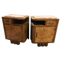 Italian Decò Nightstands Original 1920 Walnut Coral Pink Marble Eyelet Maple