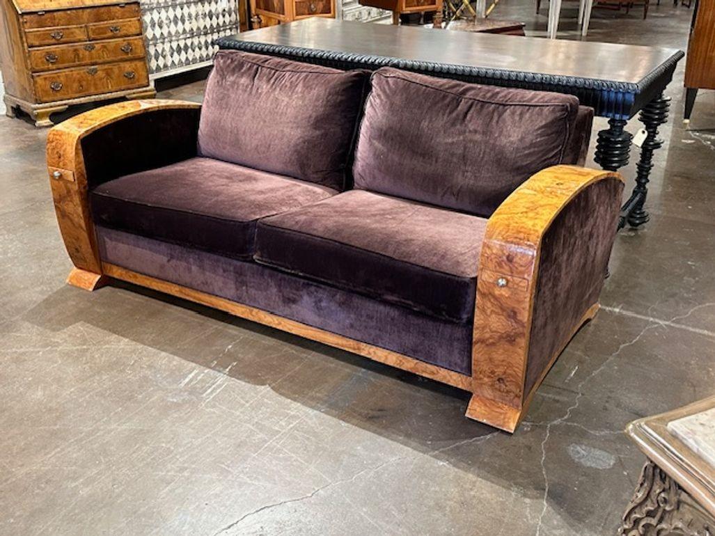 Italian MCM Art Deco design burl walnut and velvet sofa. Circa 1960. Perfect for today's transitional designs!