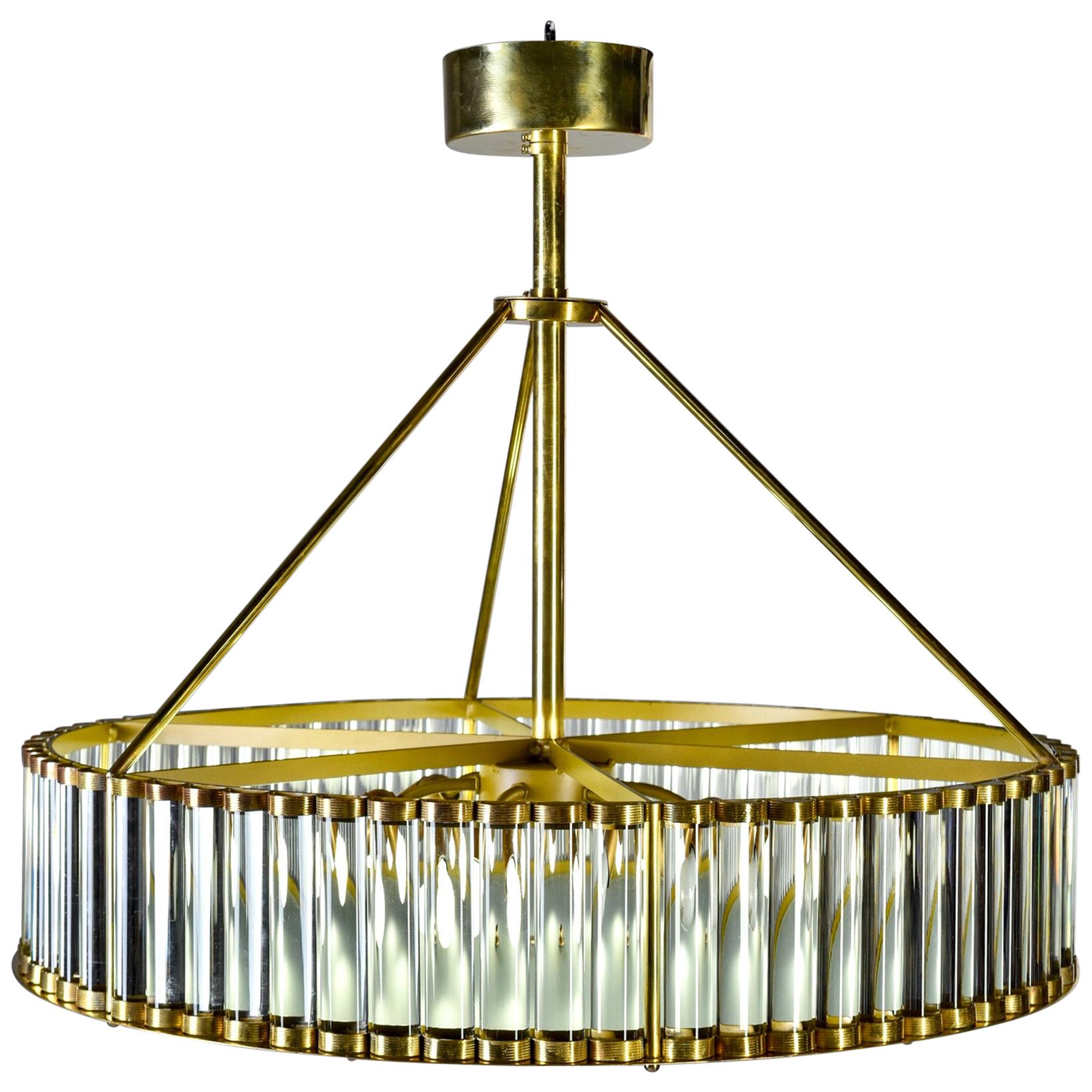 Italian Deco Style Fixture with Polished Brass and Glass Rod Frame