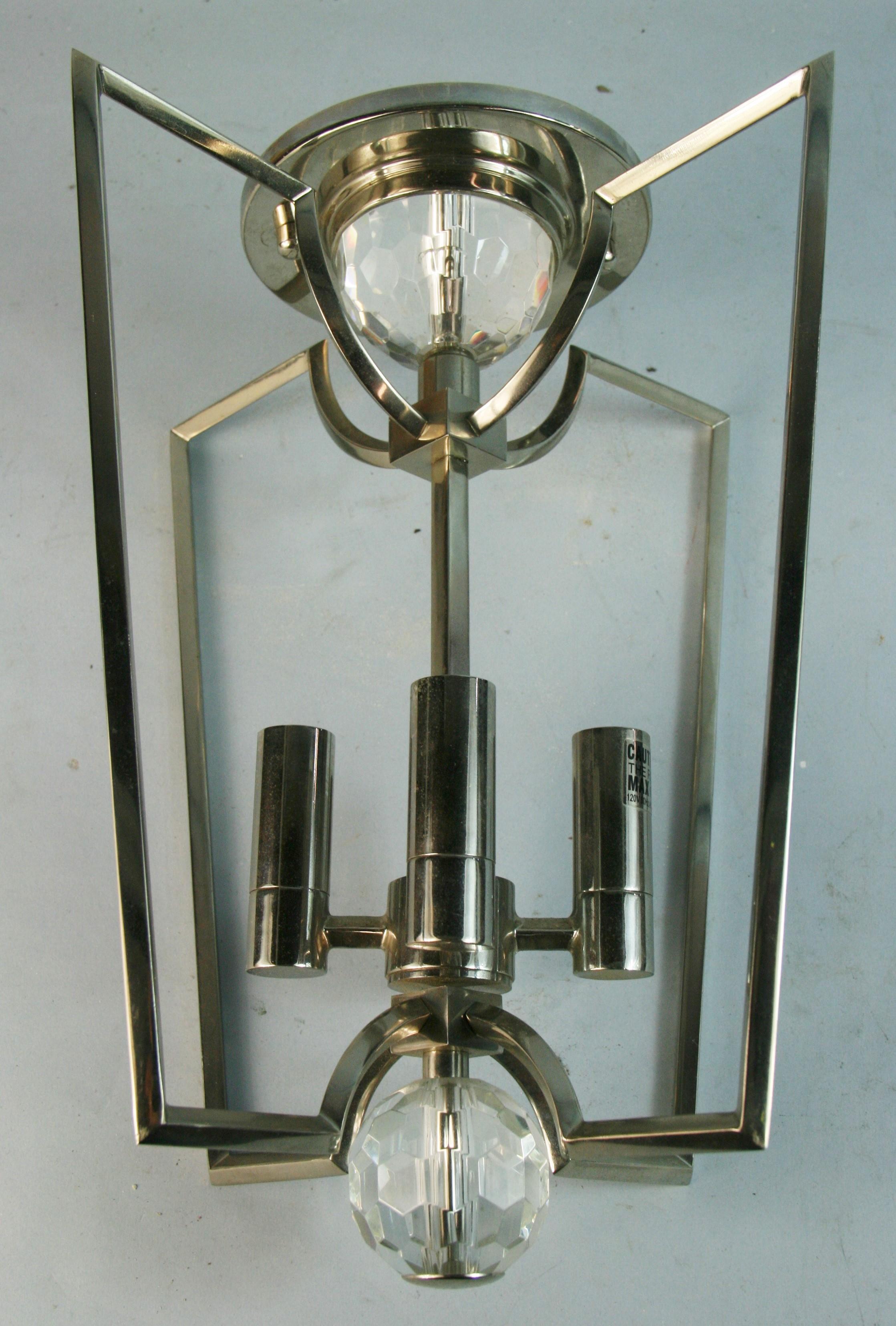 Italian Deco Style Nickel and Crystal Flush Mount Fixture In Good Condition For Sale In Douglas Manor, NY
