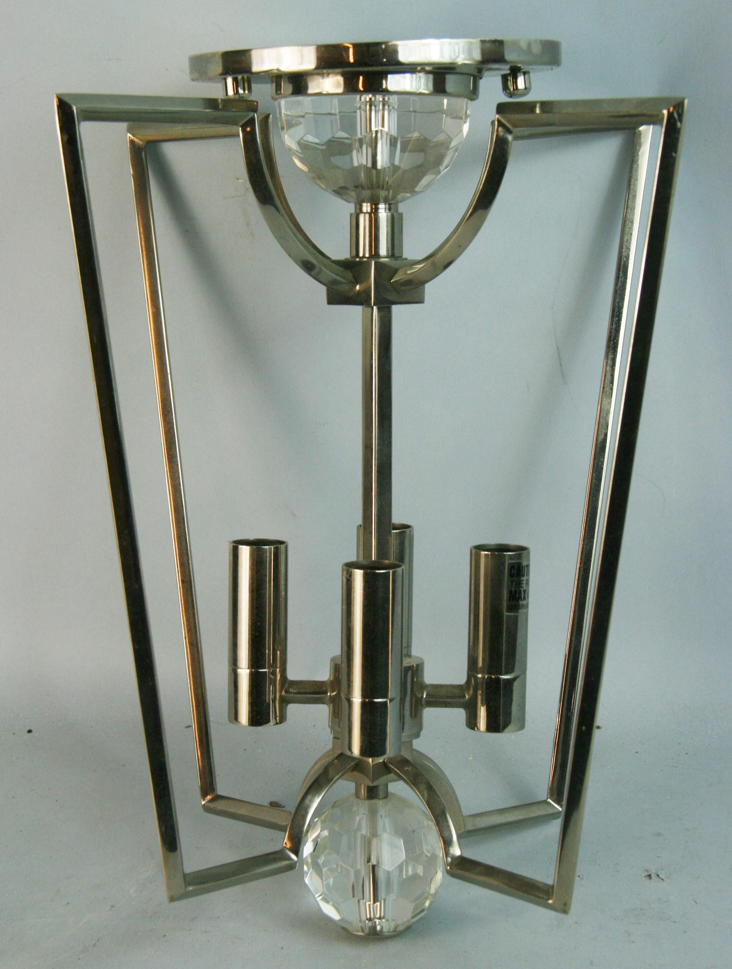 Late 20th Century Italian Deco Style Nickel and Crystal Flush Mount Fixture For Sale