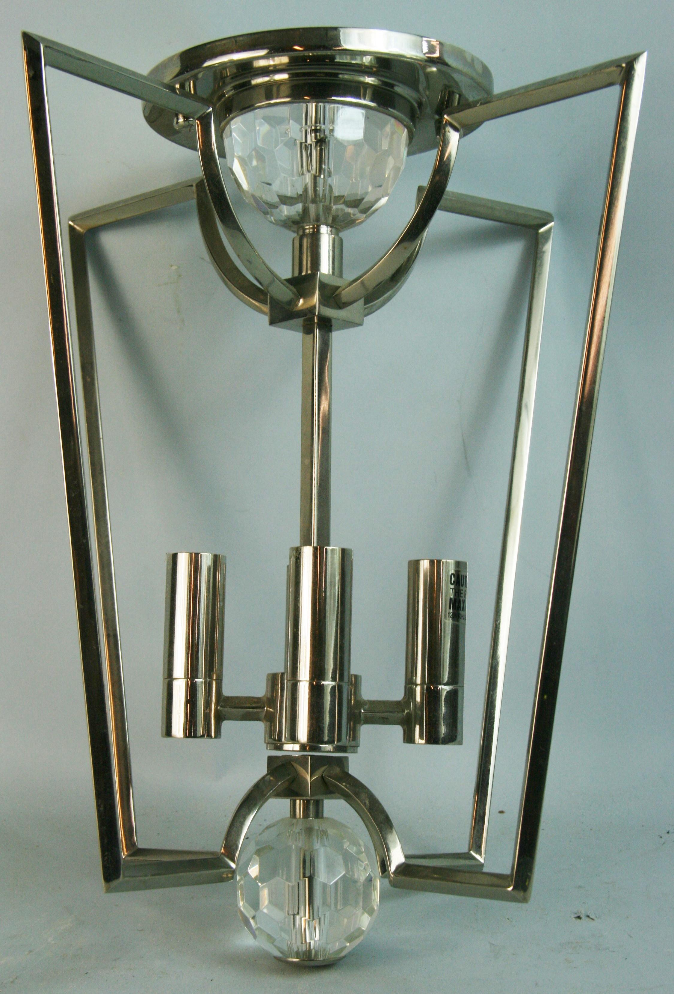 Brass Italian Deco Style Nickel and Crystal Flush Mount Fixture For Sale