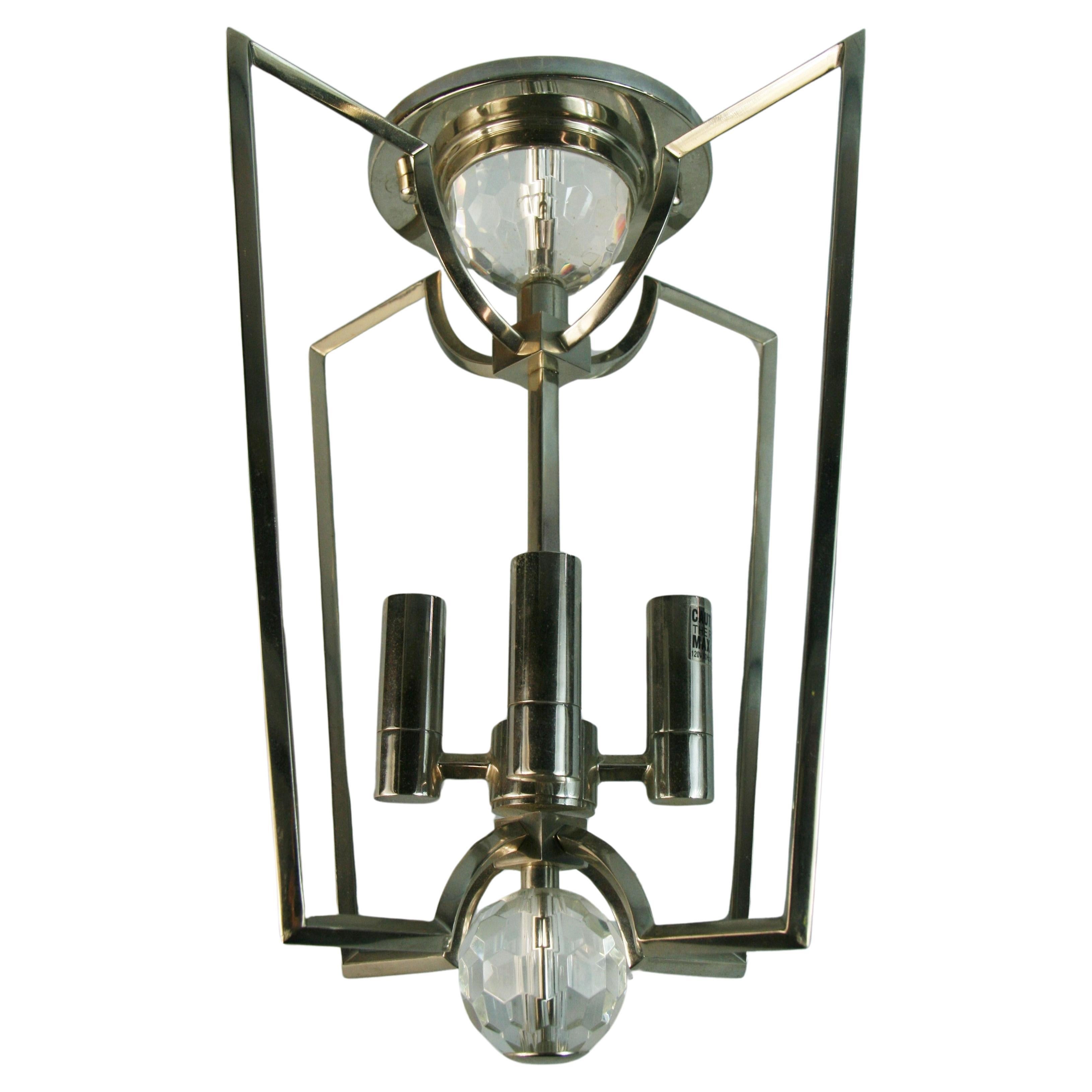 Italian Deco Style Nickel and Crystal Flush Mount Fixture For Sale