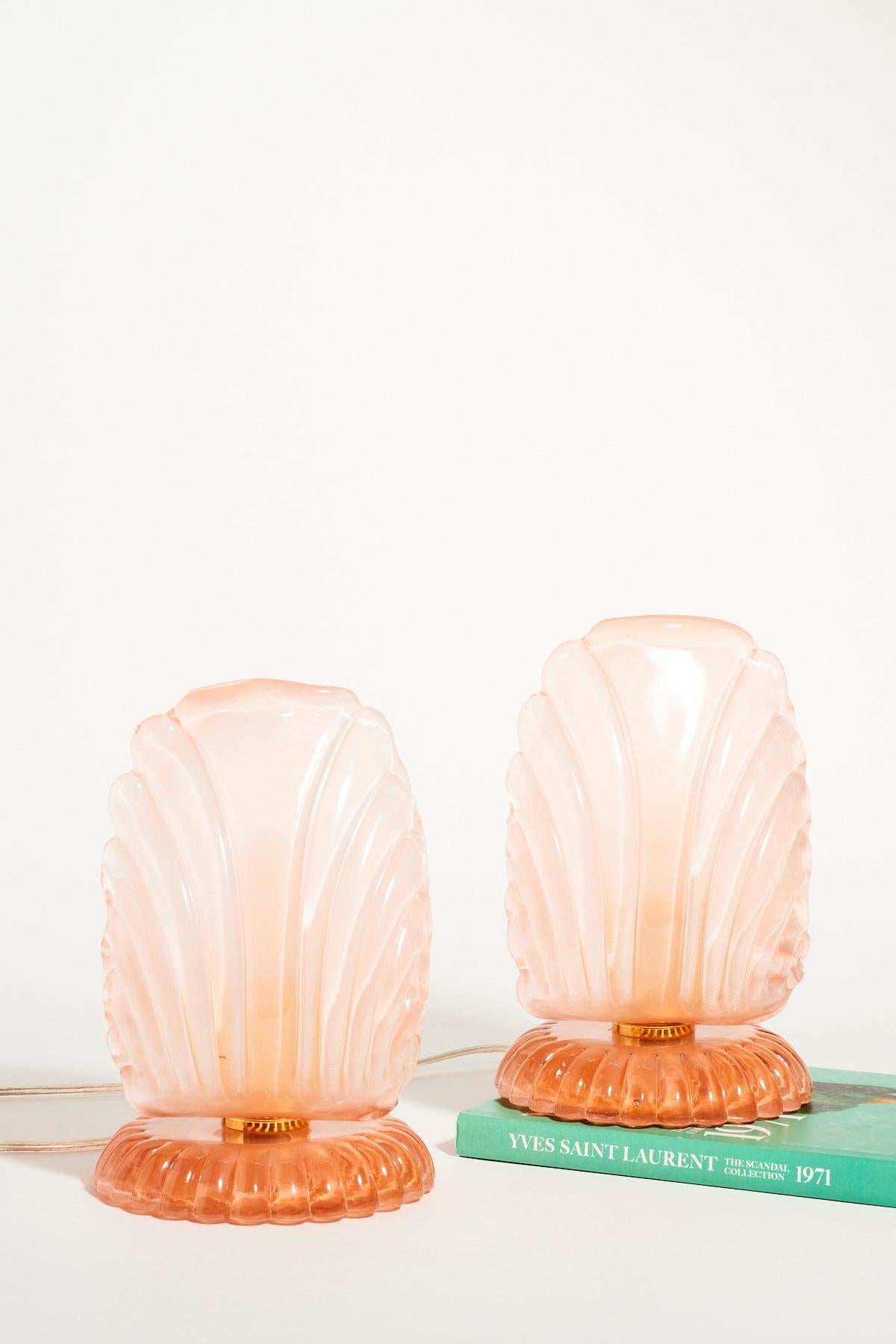 Pair of Italian 1960s peach pink shell glass lamps. Amazing condition, and professionally rewired for US power outlets.